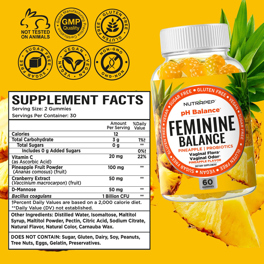 NutraPep Feminine Balance Probiotics Gummies for Women - Vaginal Health & Women's pH Balance Natural Gummy Supplement with Cranberry Pineapple Powder - Sugar Free Gluten Free Vegan (Pack of 2) - TrustMedUSA