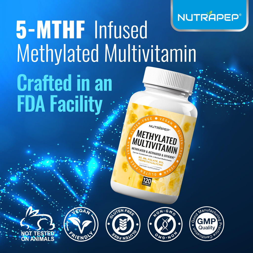 NutraPep Methylated Multivitamin for Men Women - 5-MTHF Riboflavin Vitamin B2 B6 B12 B Complex Trimethylglycine Methyl Folate L Methylfolate Capsules Supplement - TrustMedUSA