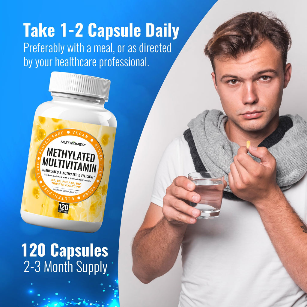 NutraPep Methylated Multivitamin for Men Women - 5-MTHF Riboflavin Vitamin B2 B6 B12 B Complex Trimethylglycine Methyl Folate L Methylfolate Capsules Supplement - TrustMedUSA