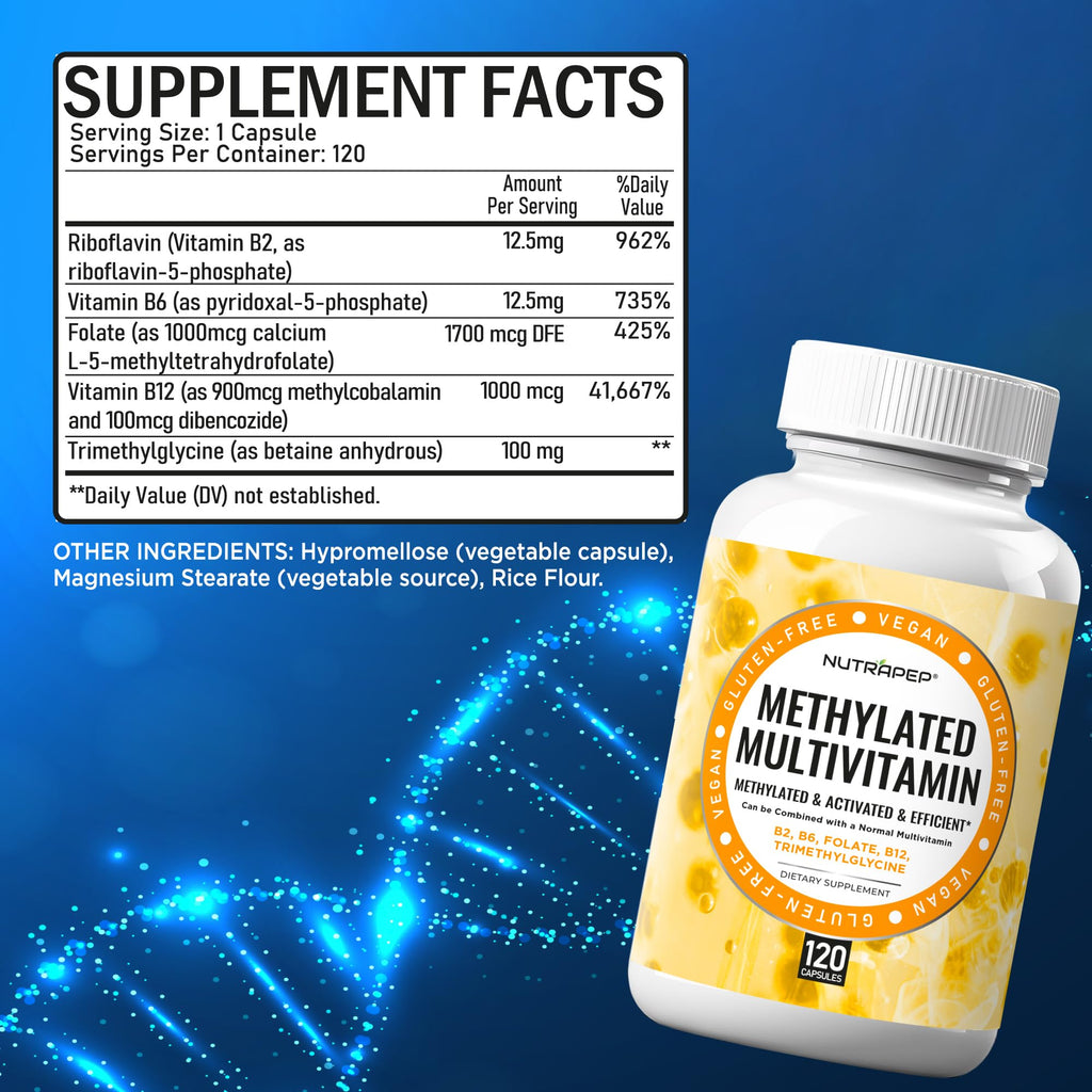 NutraPep Methylated Multivitamin for Men Women - 5-MTHF Riboflavin Vitamin B2 B6 B12 B Complex Trimethylglycine Methyl Folate L Methylfolate Capsules Supplement - TrustMedUSA