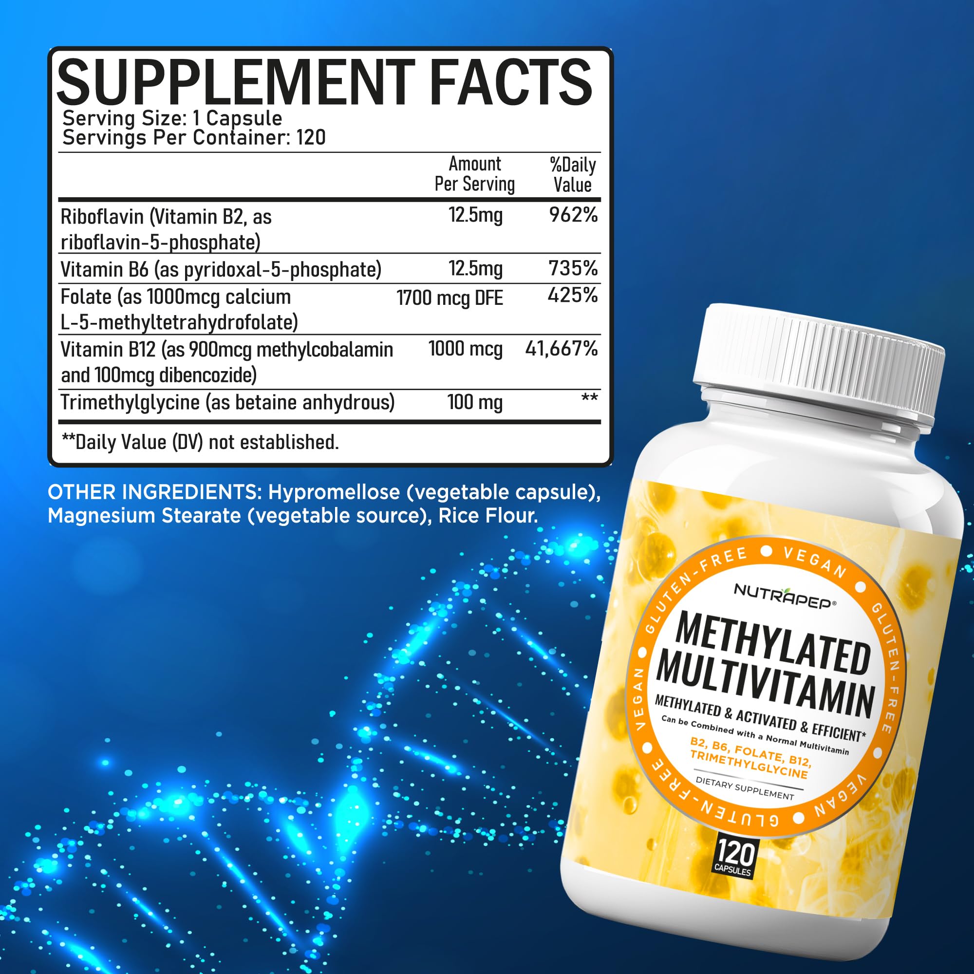 NutraPep Methylated Multivitamin for Men Women - 5-MTHF Riboflavin Vitamin B2 B6 B12 B Complex Trimethylglycine Methyl Folate L Methylfolate Capsules Supplement - TrustMedUSA