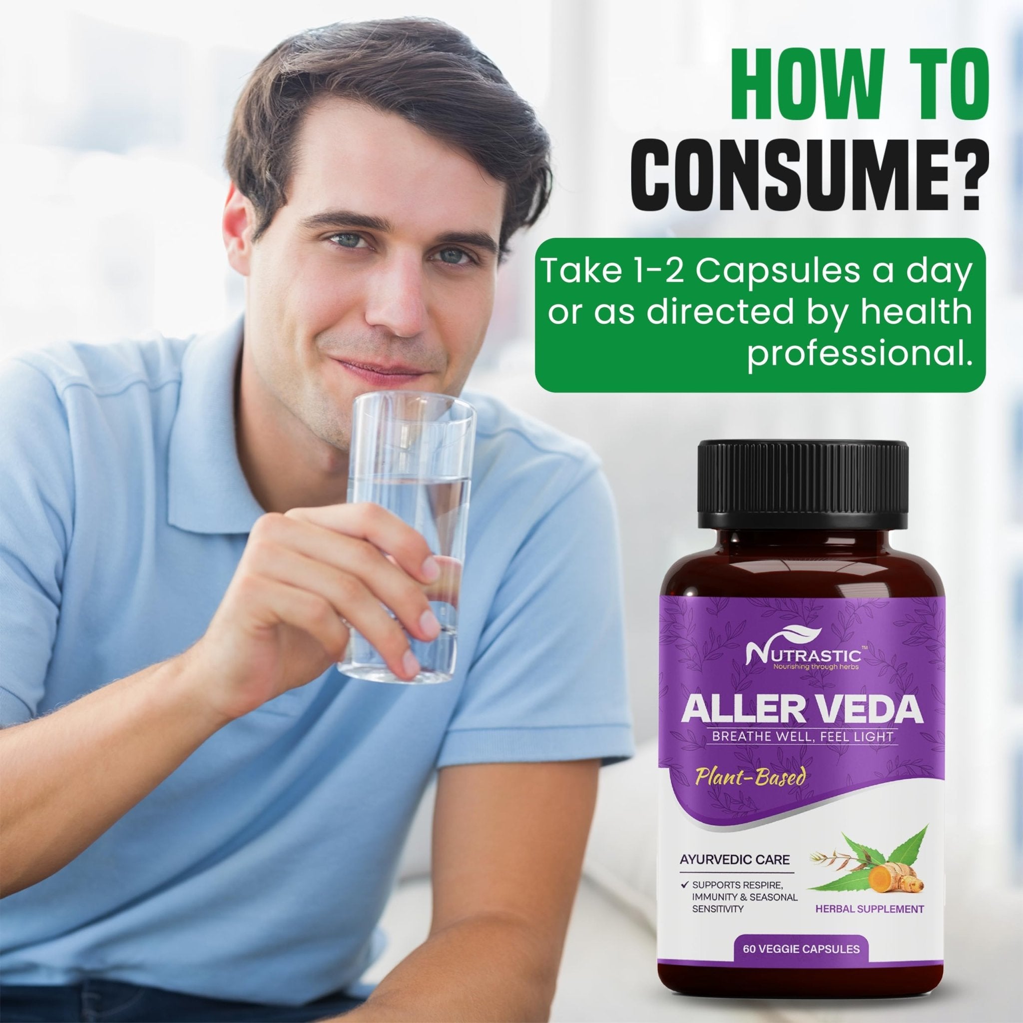 Nutrastic Aller Veda Respiratory Wellness Supplement with Pure Tulsi, Amla, Turmeric, and Neem | Natural Support for Healthy Breathing | 60 Caps - TrustMedUSA