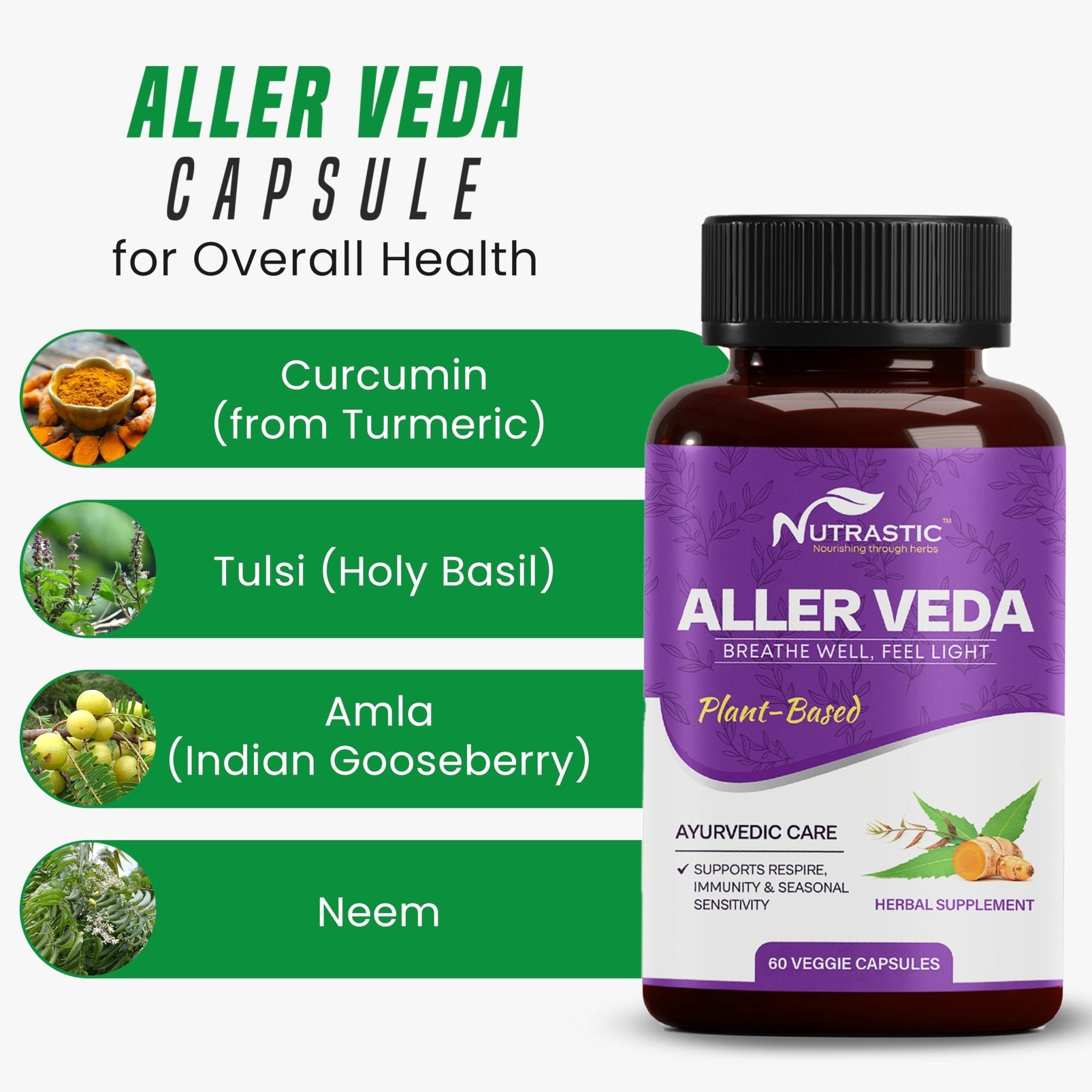 Nutrastic Aller Veda Respiratory Wellness Supplement with Pure Tulsi, Amla, Turmeric, and Neem | Natural Support for Healthy Breathing | 60 Caps - TrustMedUSA