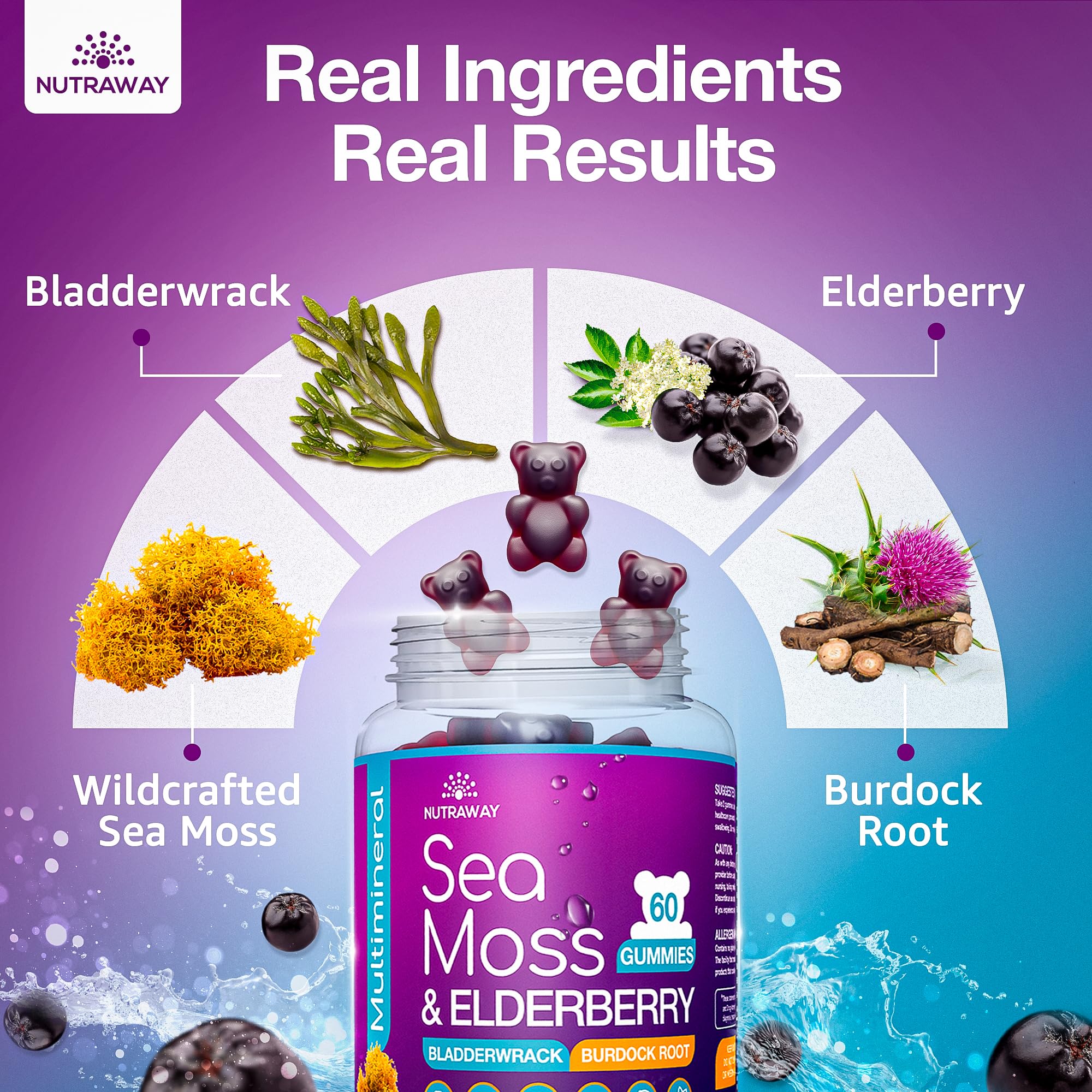 NUTRAWAY LABS Sea Moss Gummies with Elderberry, Vitamin C & Zinc - 102 Minerals from Irish Sea Moss, Bladderwrack & Burdock Root for Immune Support - Vegan Seamoss Supplement (Pack of 1) - TrustMedUSA