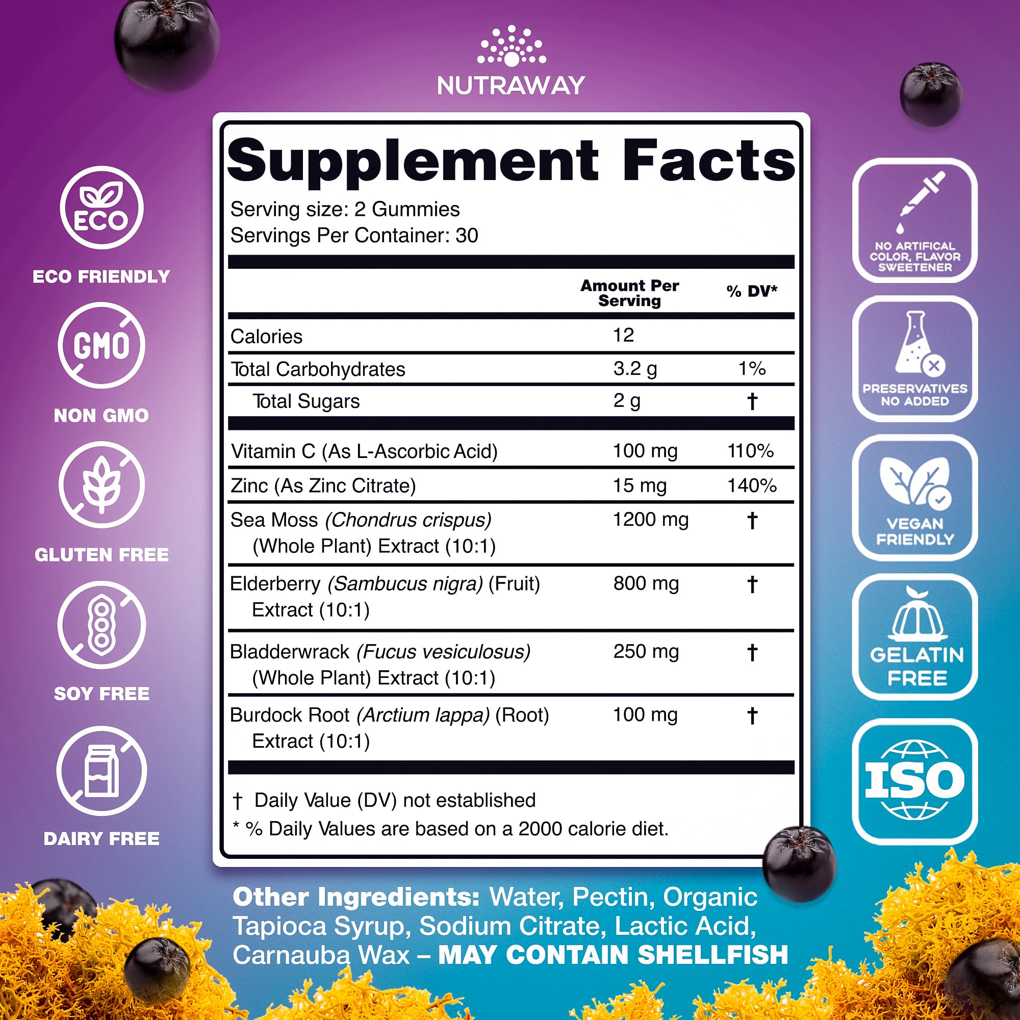 NUTRAWAY LABS Sea Moss Gummies with Elderberry, Vitamin C & Zinc - 102 Minerals from Irish Sea Moss, Bladderwrack & Burdock Root for Immune Support - Vegan Seamoss Supplement (Pack of 1) - TrustMedUSA