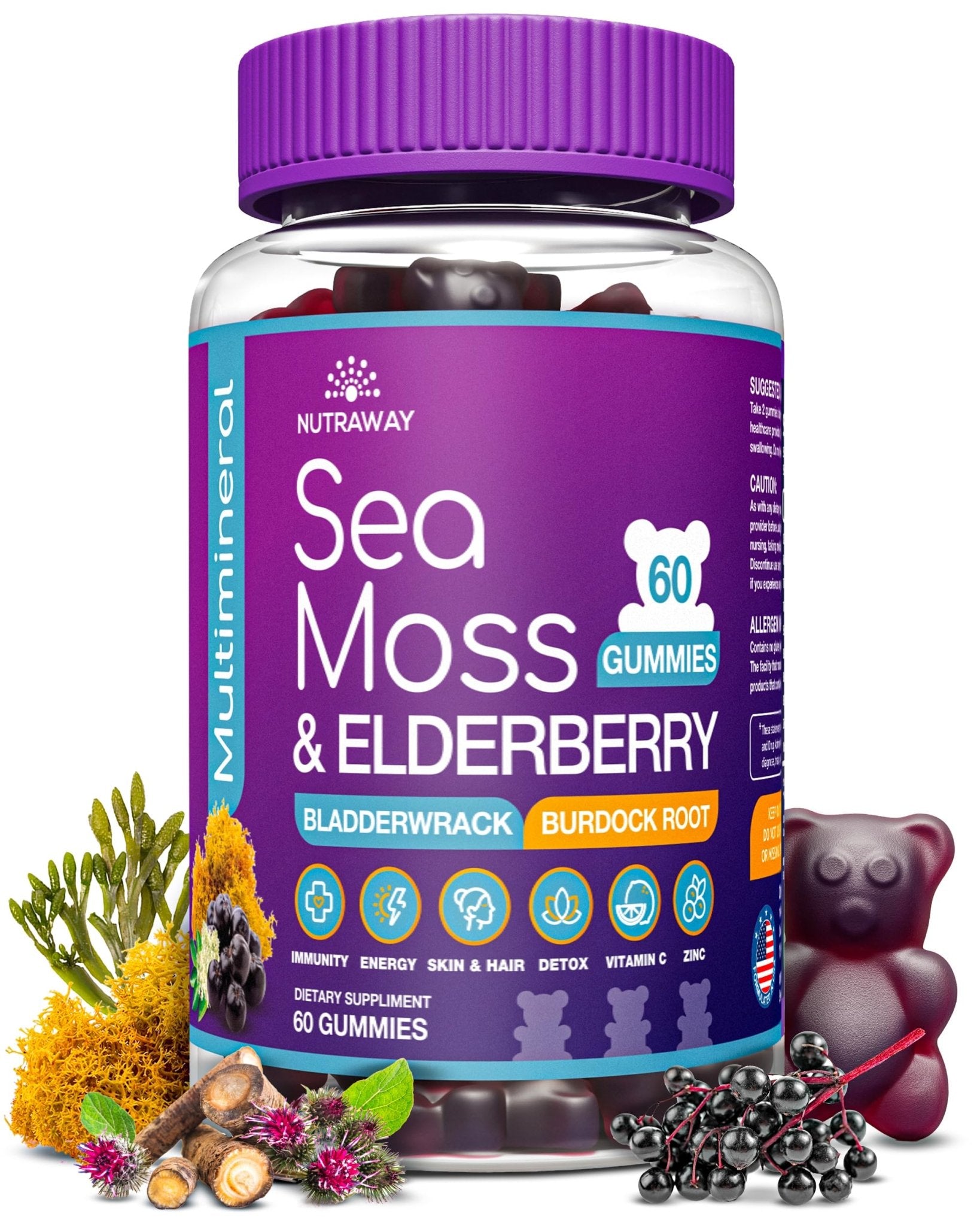 NUTRAWAY LABS Sea Moss Gummies with Elderberry, Vitamin C & Zinc - 102 Minerals from Irish Sea Moss, Bladderwrack & Burdock Root for Immune Support - Vegan Seamoss Supplement (Pack of 1) - TrustMedUSA