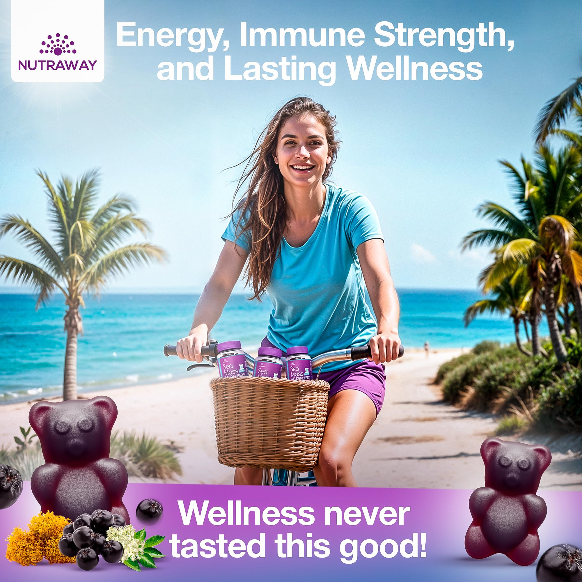 NUTRAWAY LABS Sea Moss Gummies with Elderberry, Vitamin C & Zinc - 102 Minerals from Irish Sea Moss, Bladderwrack & Burdock Root for Immune Support - Vegan Seamoss Supplement (Pack of 1) - TrustMedUSA