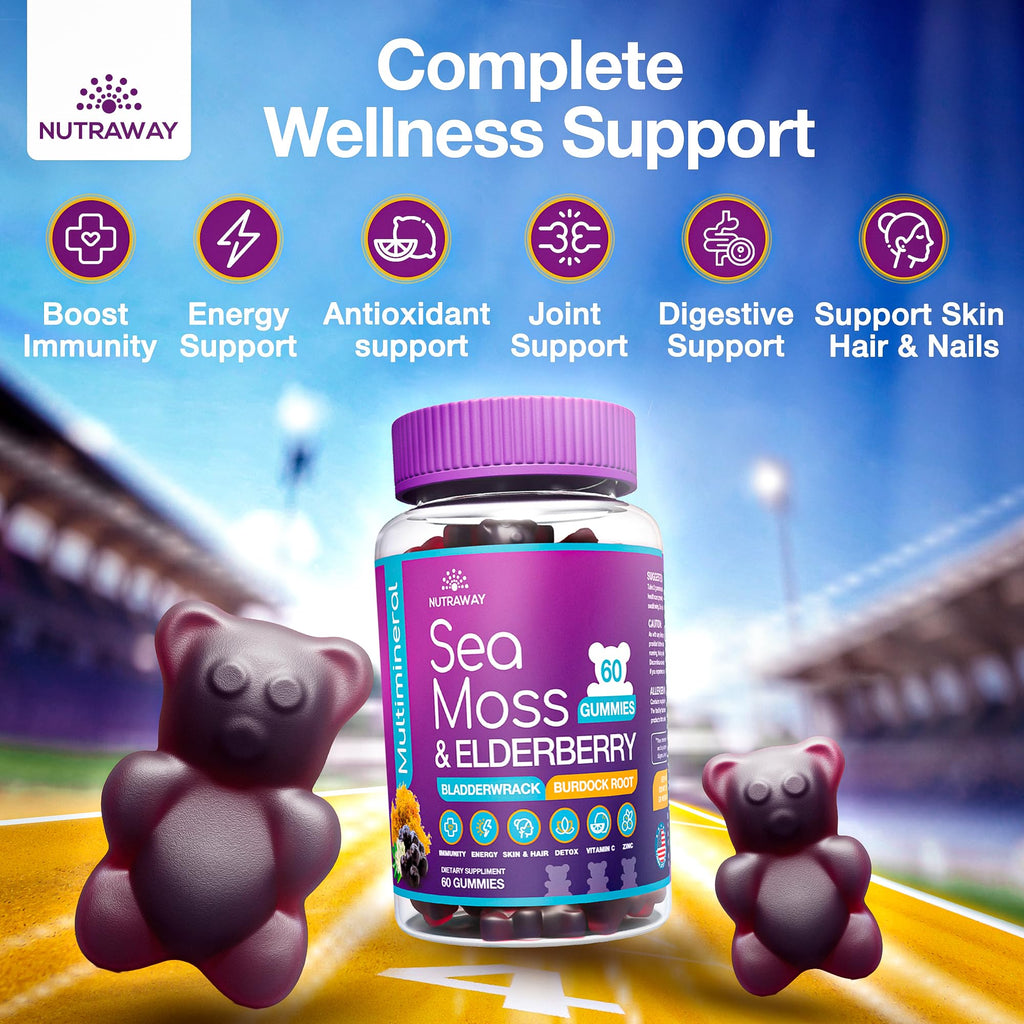 NUTRAWAY LABS Sea Moss Gummies with Elderberry, Vitamin C & Zinc - 102 Minerals from Irish Sea Moss, Bladderwrack & Burdock Root for Immune Support - Vegan Seamoss Supplement (Pack of 1) - TrustMedUSA