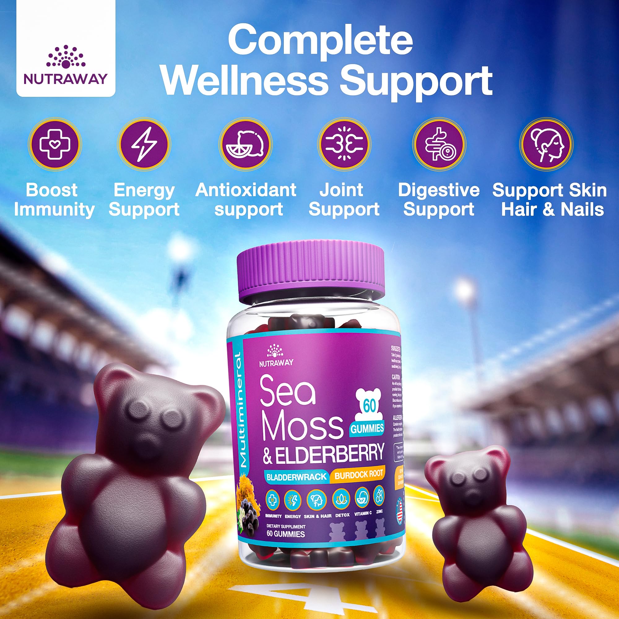 NUTRAWAY LABS Sea Moss Gummies with Elderberry, Vitamin C & Zinc - 102 Minerals from Irish Sea Moss, Bladderwrack & Burdock Root for Immune Support - Vegan Seamoss Supplement (Pack of 1) - TrustMedUSA