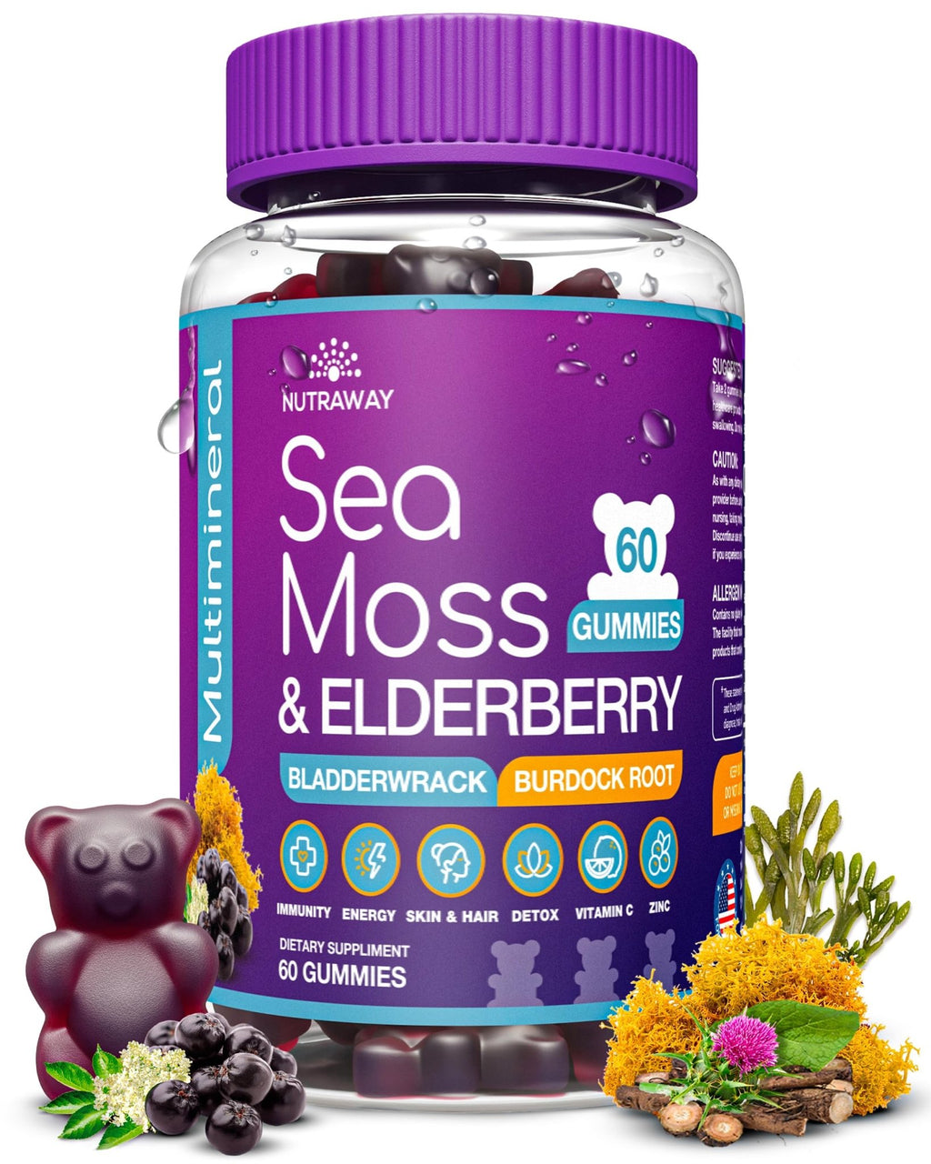 NUTRAWAY LABS Sea Moss Gummies with Elderberry, Vitamin C & Zinc - 102 Minerals from Irish Sea Moss, Bladderwrack & Burdock Root for Immune Support - Vegan Seamoss Supplement (Pack of 1) - TrustMedUSA
