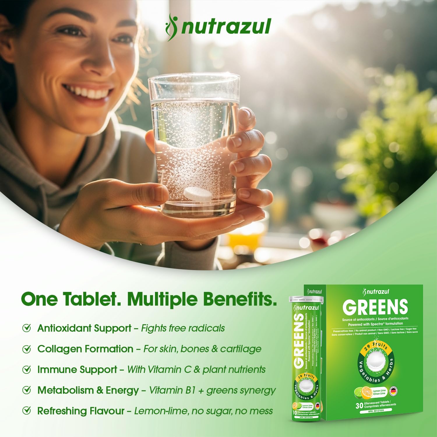 nutrazul Greens Effervescent Tablets - Daily Super Greens Supplement with 29 Superfoods - Antioxidant & Immune Support - Lemon Lime Flavor - Non-GMO - 30 Tablets - TrustMedUSA