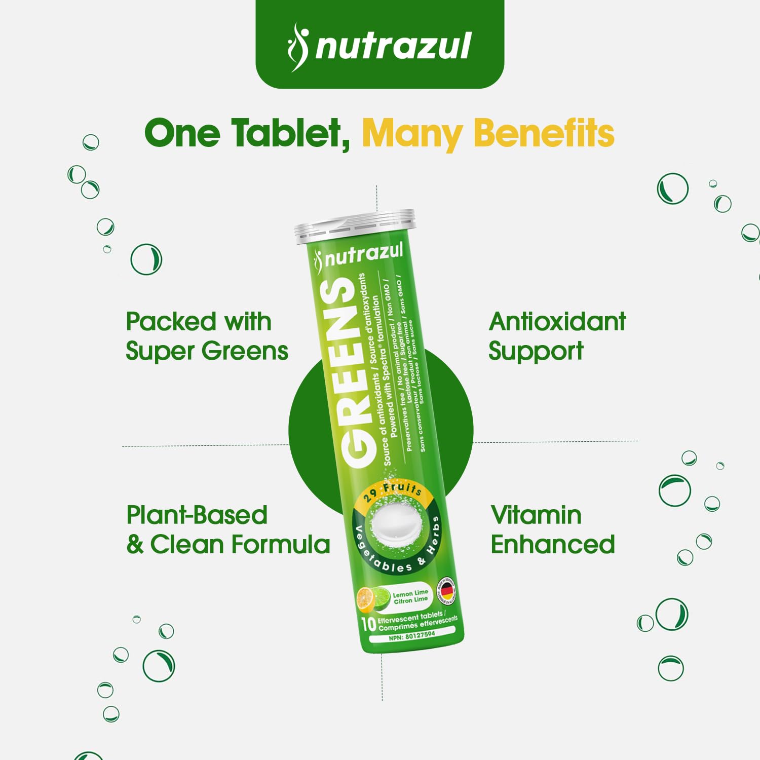nutrazul Greens Effervescent Tablets - Daily Super Greens Supplement with 29 Superfoods - Antioxidant & Immune Support - Lemon Lime Flavor - Non-GMO - 30 Tablets - TrustMedUSA
