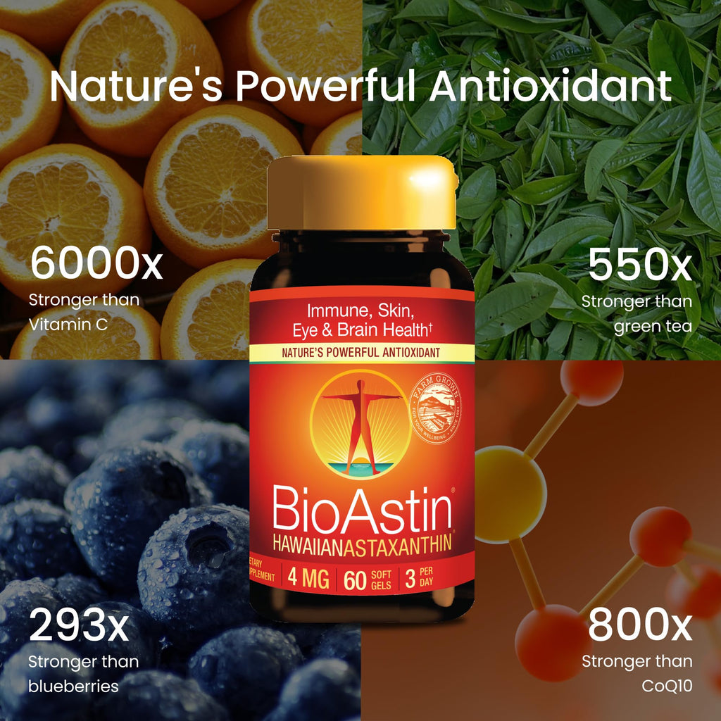 Nutrex Hawaii BioAstin Hawaiian Astaxanthin - 4mg, 60 Softgels - Farm-Direct Premium Antioxidant Supplement to Support Eye, Skin, Joint & Immune System Health - Non-GMO & Gluten-Free - Maple Wellness Supplements