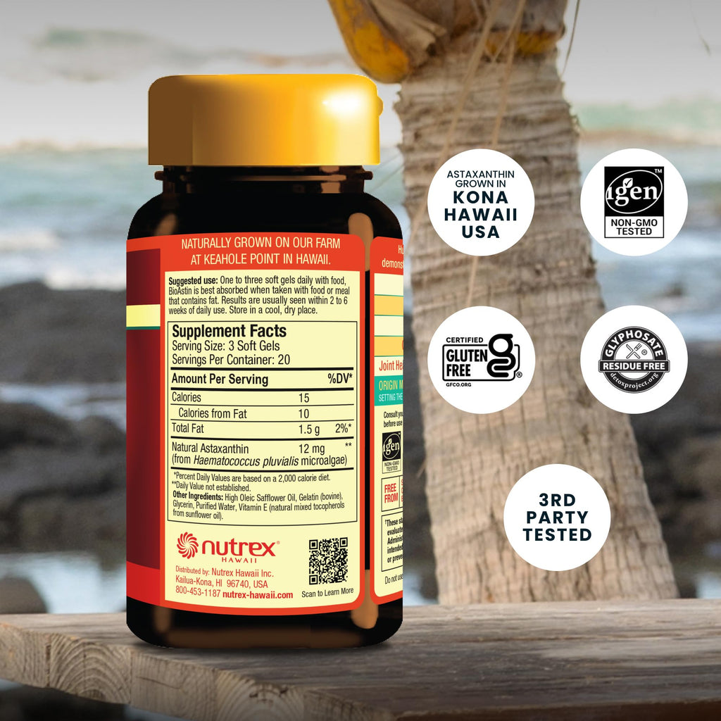 Nutrex Hawaii BioAstin Hawaiian Astaxanthin - 4mg, 60 Softgels - Farm-Direct Premium Antioxidant Supplement to Support Eye, Skin, Joint & Immune System Health - Non-GMO & Gluten-Free - Maple Wellness Supplements