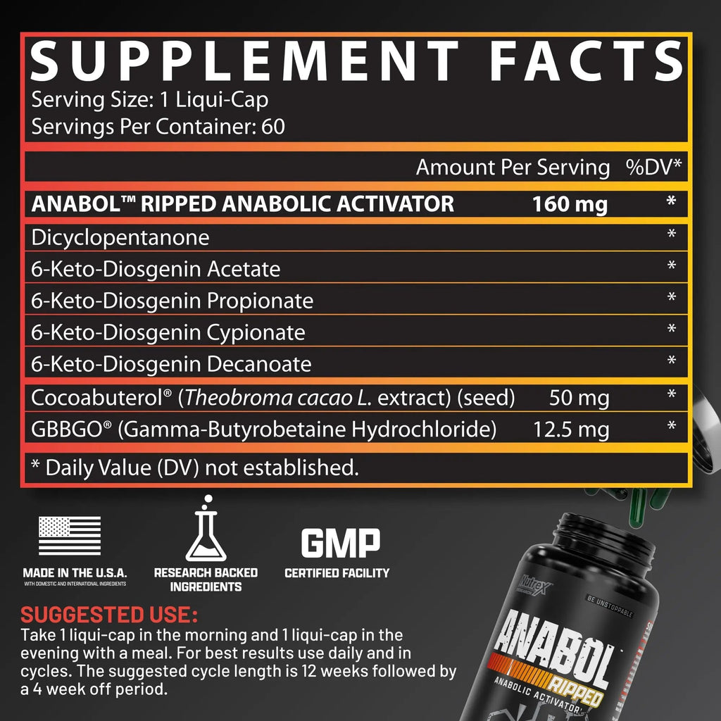 Nutrex Research Anabol Ripped Anabolic Muscle Builder for Men, 2-in-1 Muscle Builder and Shredding Supplement, (60 Count) - TrustMedUSA