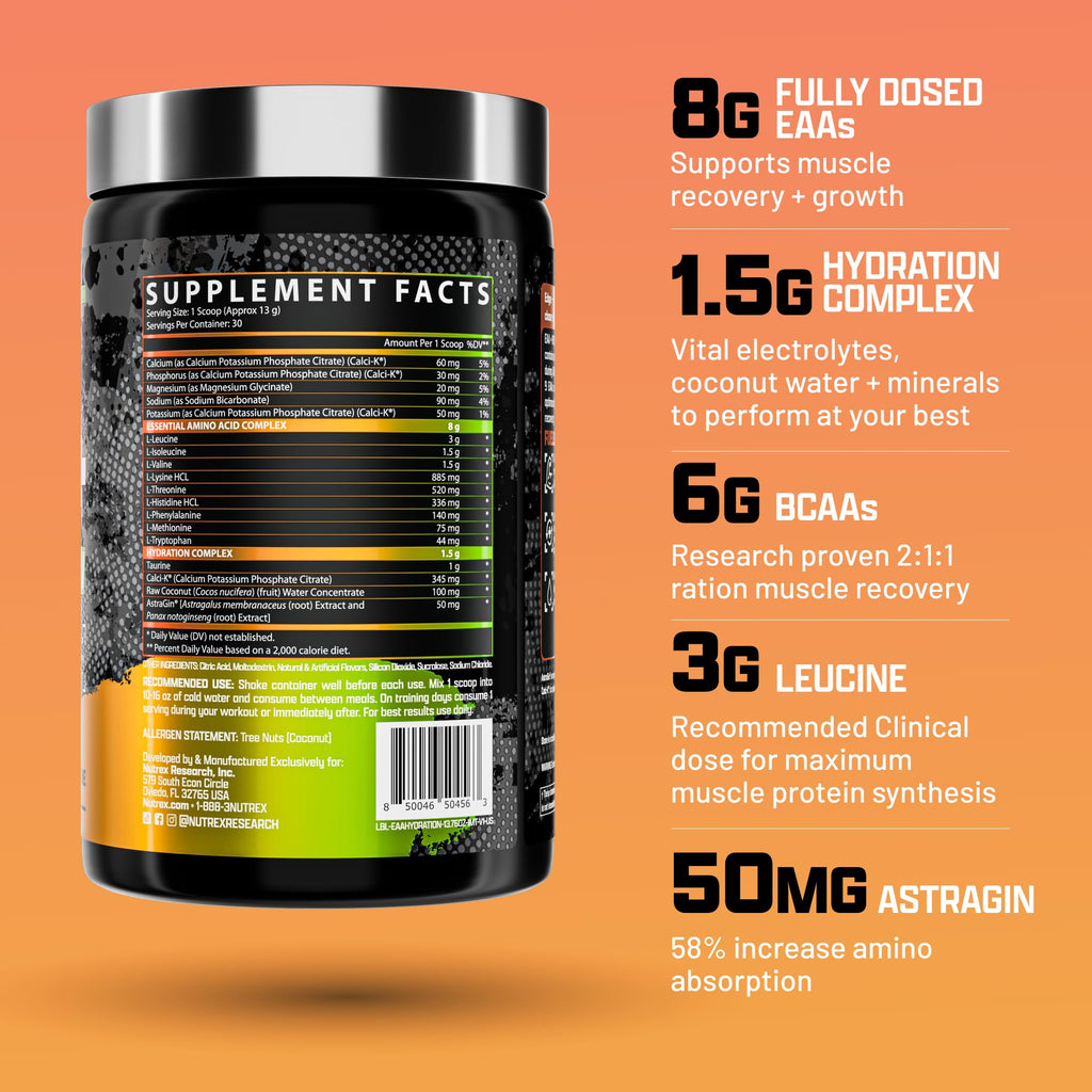 Nutrex Research EAA Hydration | EAAs + BCAA Powder | Muscle Recovery, Strength, Muscle Building, Endurance | 8G Essential Amino Acids + Electrolytes | 30 Servings It's Mango Time - TrustMedUSA