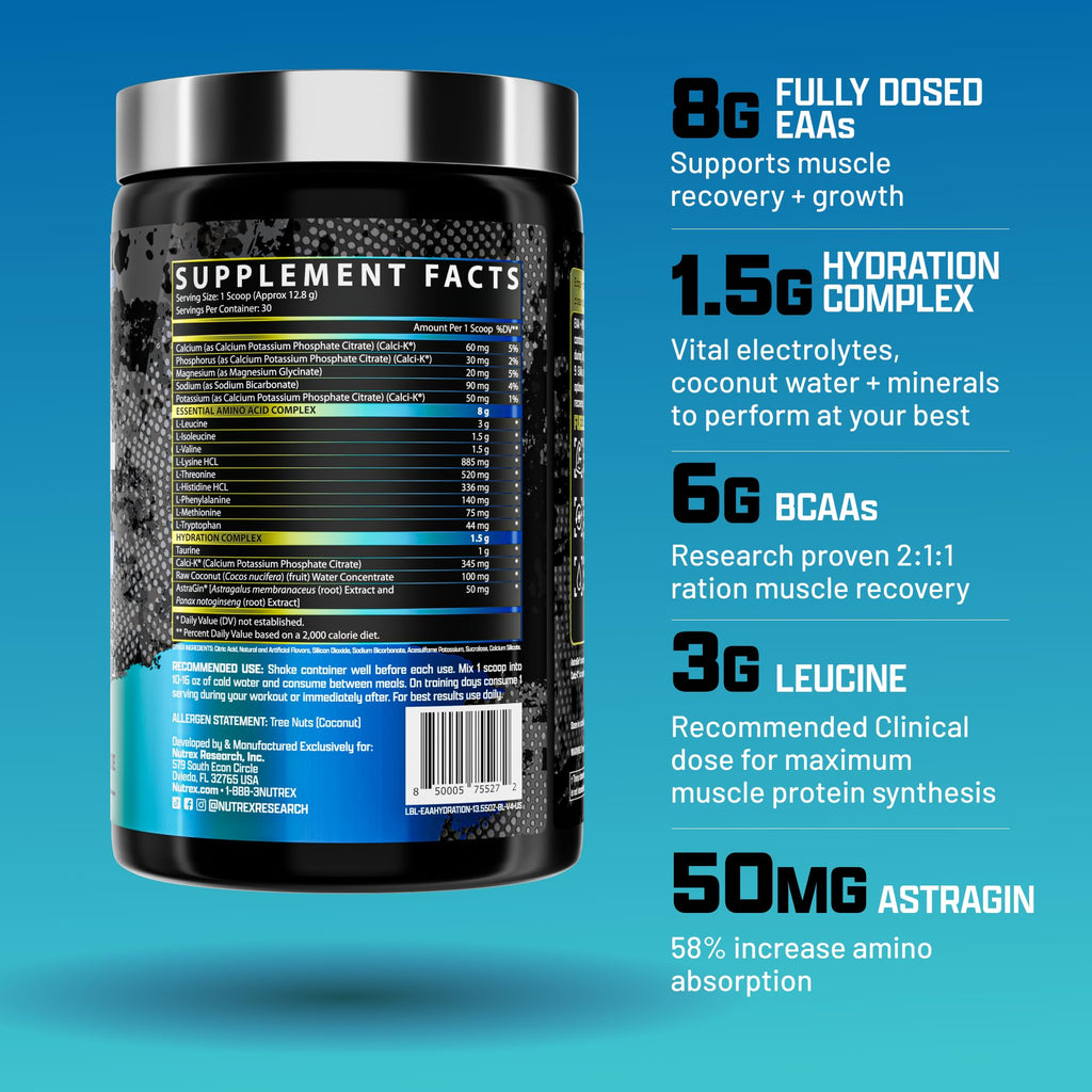 Nutrex Research EAA Hydration | EAAs + BCAA Powder | Muscle Recovery, Strength, Muscle Building, Endurance | 8G Essential Amino Acids + Electrolytes | Blueberry Lemonade 30 Servings - Maple Wellness Supplements