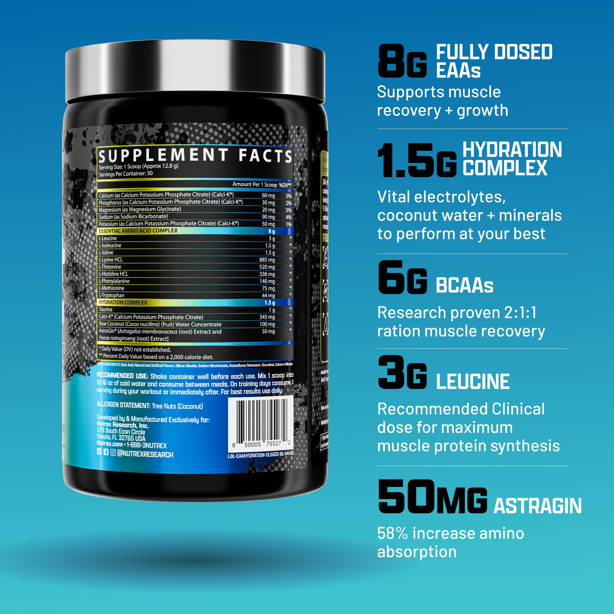 Nutrex Research EAA Hydration | EAAs + BCAA Powder | Muscle Recovery, Strength, Muscle Building, Endurance | 8G Essential Amino Acids + Electrolytes | Blueberry Lemonade 30 Servings - Maple Wellness Supplements