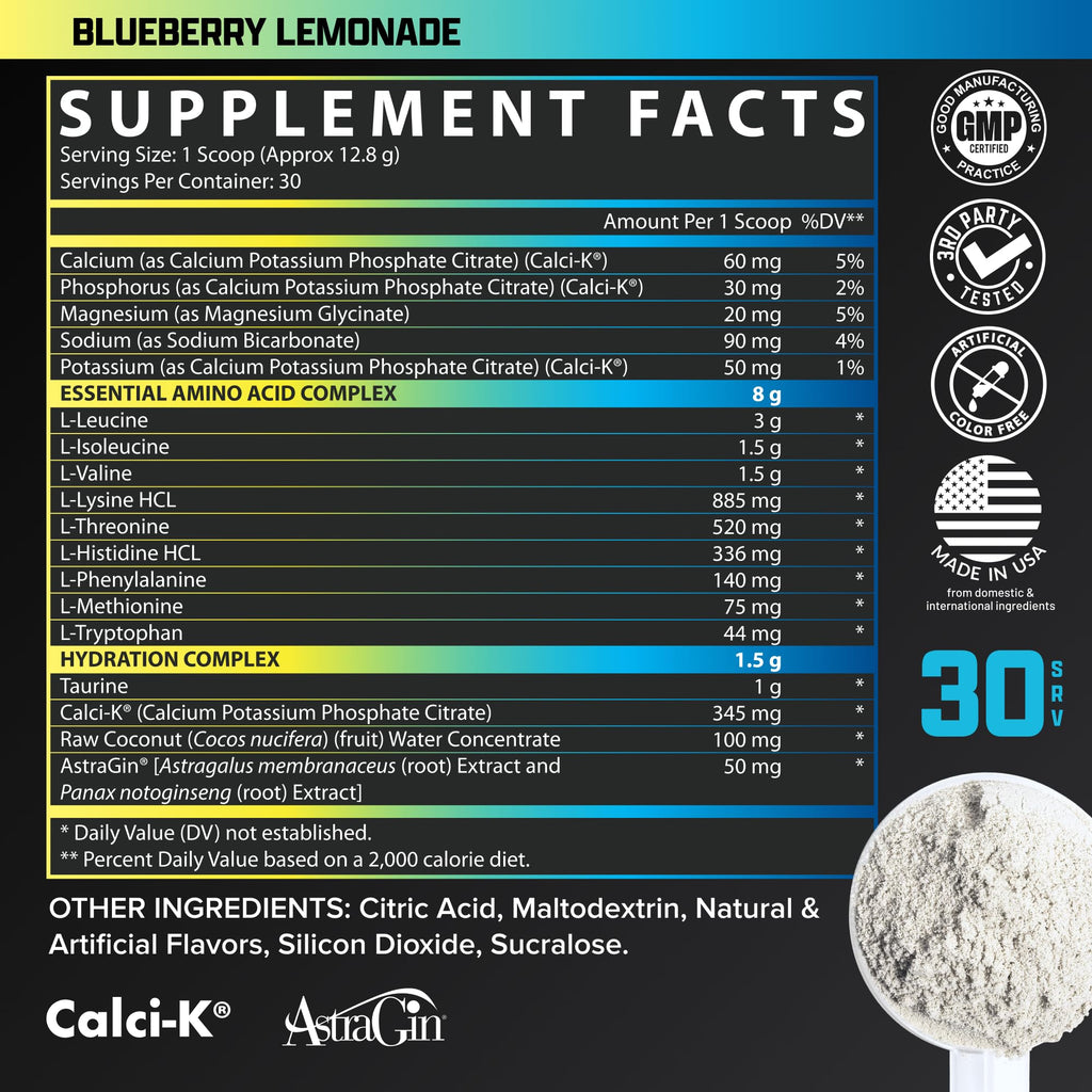 Nutrex Research EAA Hydration | EAAs + BCAA Powder | Muscle Recovery, Strength, Muscle Building, Endurance | 8G Essential Amino Acids + Electrolytes | Blueberry Lemonade 30 Servings - Maple Wellness Supplements