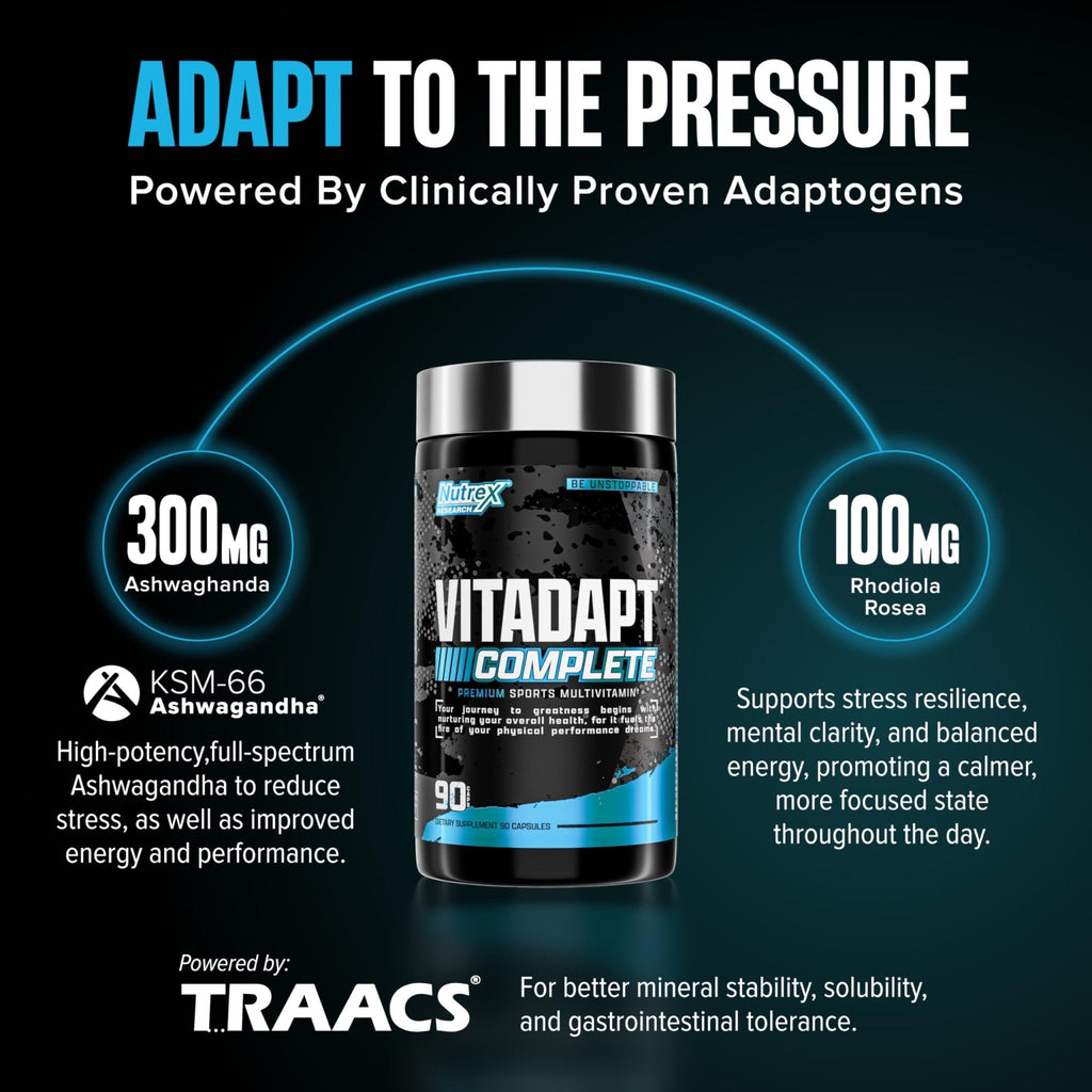 Nutrex Research Vitadapt Complete Sports Multivitamin for Men - 24 Vitamins, KSM-66 Ashwagandha and Minerals for Athletes - Mens Multivitamin (90 Capsules) - Maple Wellness Supplements