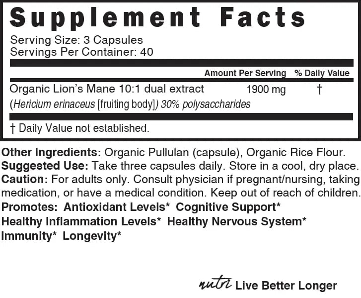 Nutri Organic Lions Mane Supplement Capsules - 1900 mg, 10:1 Dual Extraction, 120 Count - TrustMedUSA