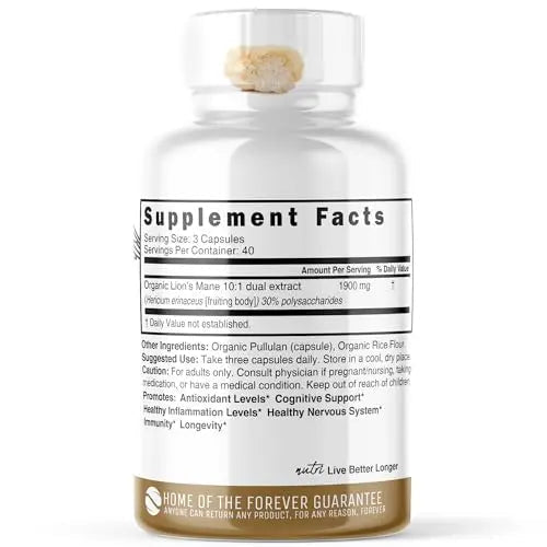 Nutri Organic Lions Mane Supplement Capsules - 1900 mg, 10:1 Dual Extraction, 120 Count - TrustMedUSA