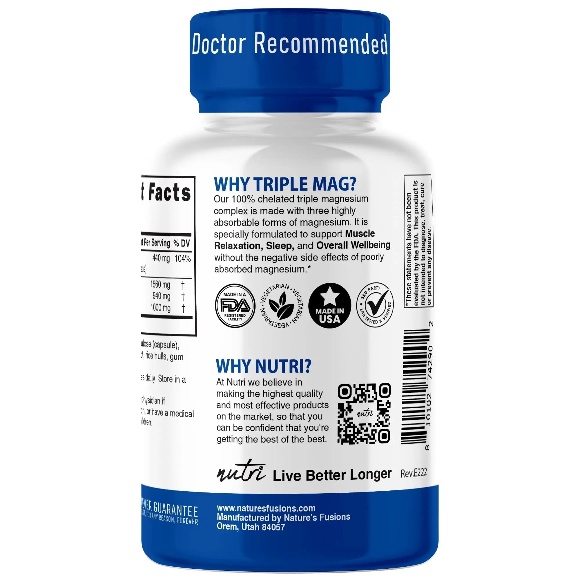 Nutri Triple Magnesium Complex 440mg - Magnesium Glycinate, Malate, & Taurinate - 100% Chelated for Maximum Absorption - 120 Vegan Capsules - Triple Complex Magnesium - Magnesio Triple Complex - TrustMedUSA