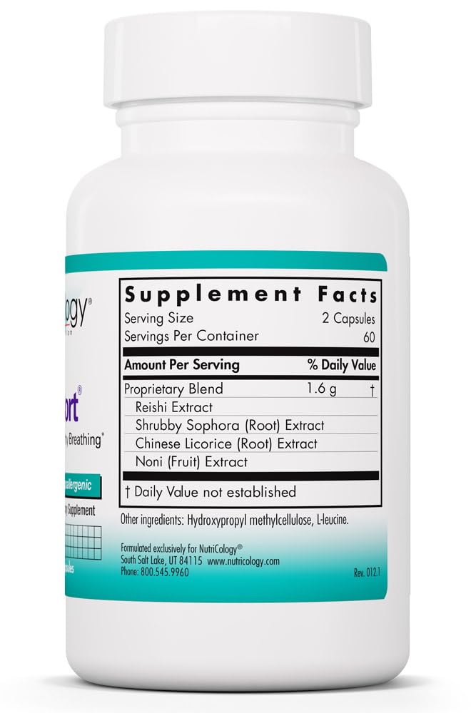 Nutricology PhytoCort Supplement - Respiratory Support, Lung Health, Lung Detox, Lung Cleanse, Healthy Breathing, Herbal Support, Reishi, Licorice, Noni, Vegetarian Capsules - 120 Count - TrustMedUSA