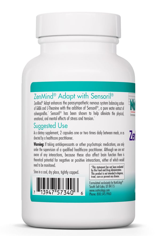 NutriCology ZenMind Adapt - 200 mg L-Theanine, 125 mg Ashwagandha & 550 mg GABA - Supports Stress Response and Calmness - Vegetarian Capsules - Hypoallergenic Formula - 30 Servings - 60 Capsules - TrustMedUSA