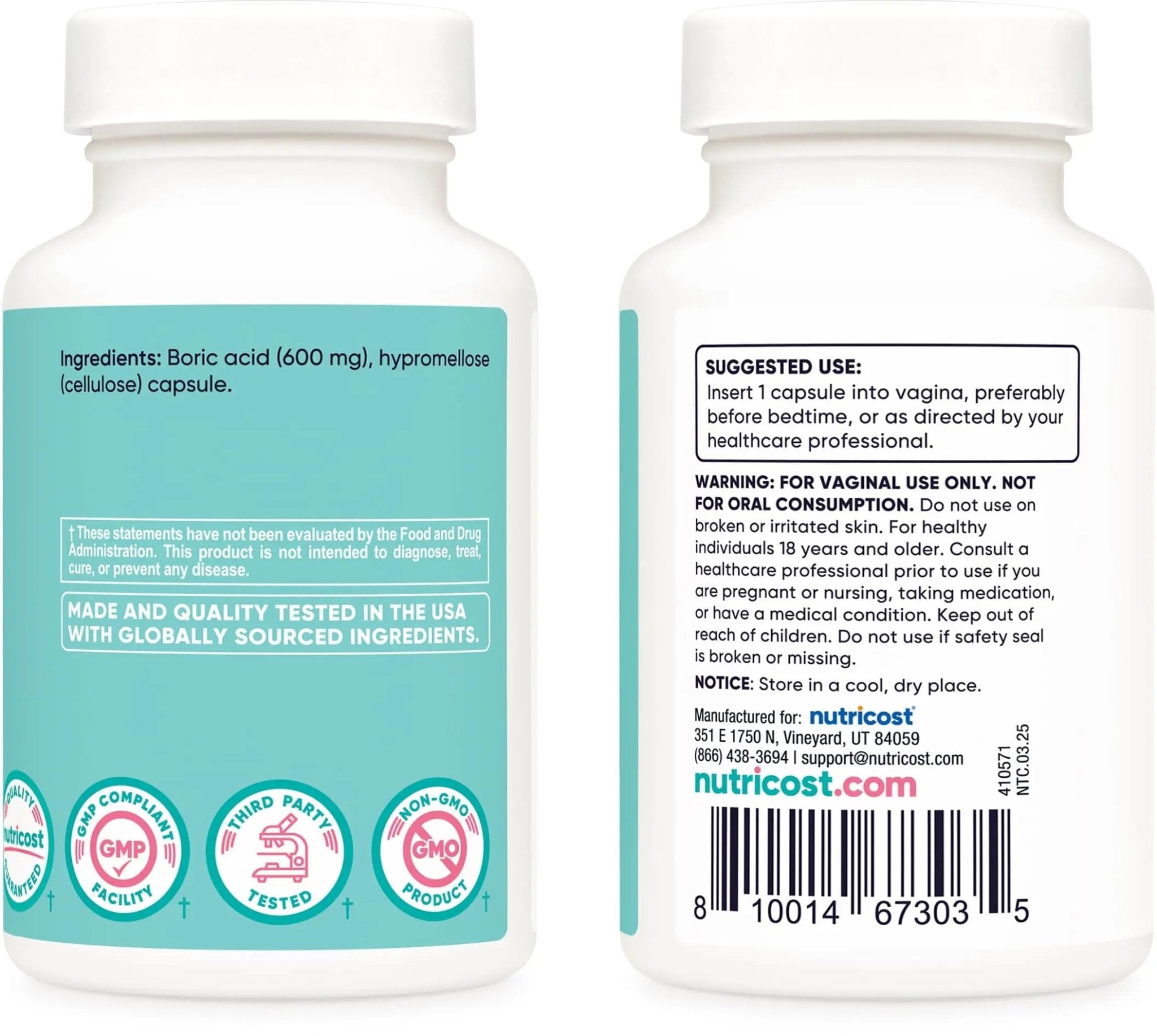 Nutricost Boric Acid 600mg, 30 Capsules - Vaginal Suppository - Non-GMO - for Women - TrustMedUSA