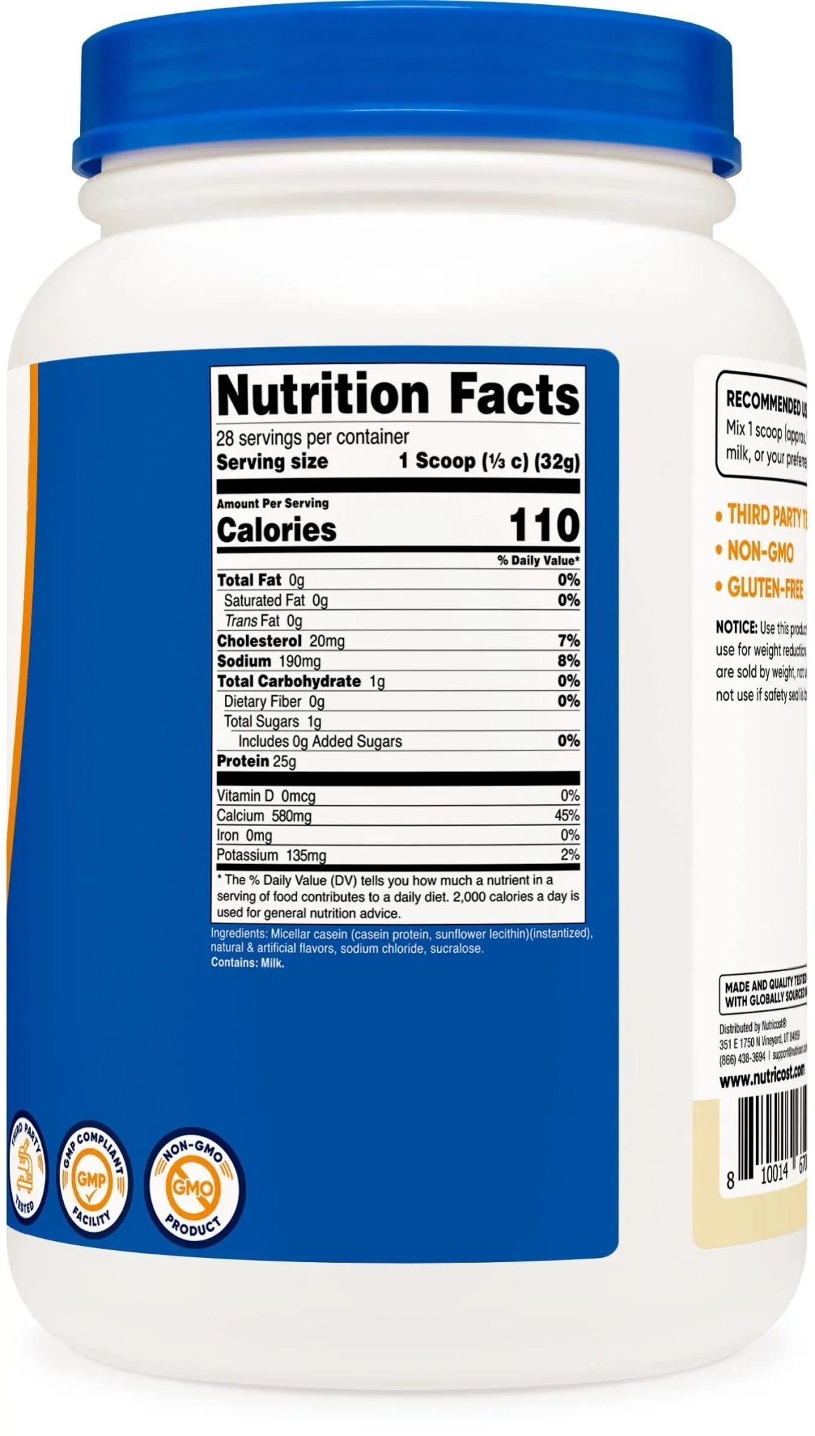 Nutricost Casein Protein Powder 2lb Vanilla - Micellar Casein, Gluten Free, Non-GMO - TrustMedUSA