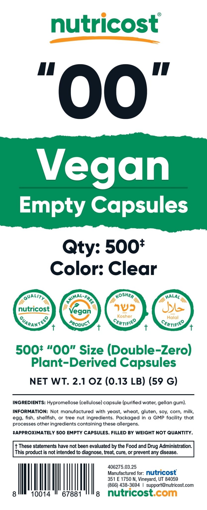 Nutricost Empty Capsules Size 00 Vegan - 500 Clear Empty Plant-Based Capsules - Kosher Certified, Halal Certified, Non-GMO, Soy Free, Gluten Free, Vegetarian - TrustMedUSA