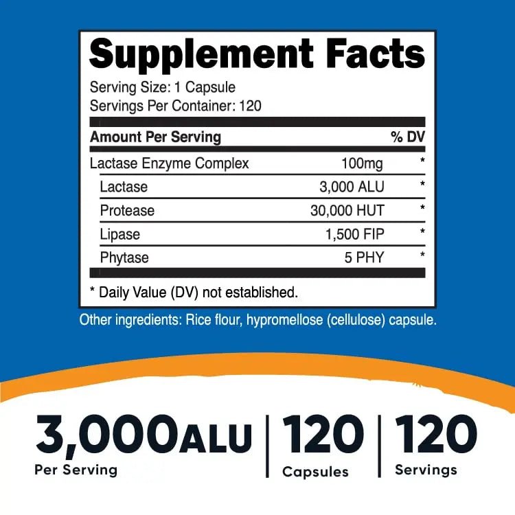 Nutricost Lactase Enzyme Complex 3,000 FCC ALU, 120 Vegetarian Capsules - Non-GMO - TrustMedUSA