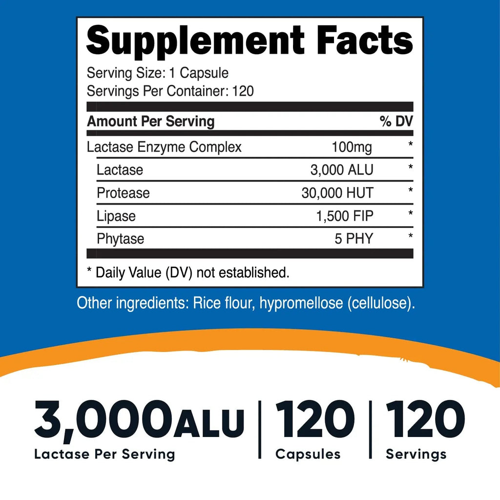 Nutricost Lactase Enzyme Complex 3,000 FCC ALU, 120 Veggie Capsules - Non-GMO - TrustMedUSA