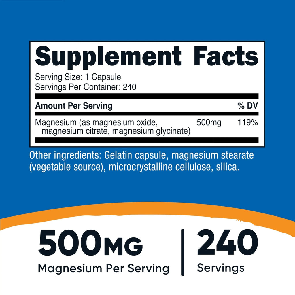 Nutricost Magnesium Complex 500mg, 240 Capsules - Magnesium Oxide, Citrate, and Glycinate - Gluten Free and Non-GMO - TrustMedUSA