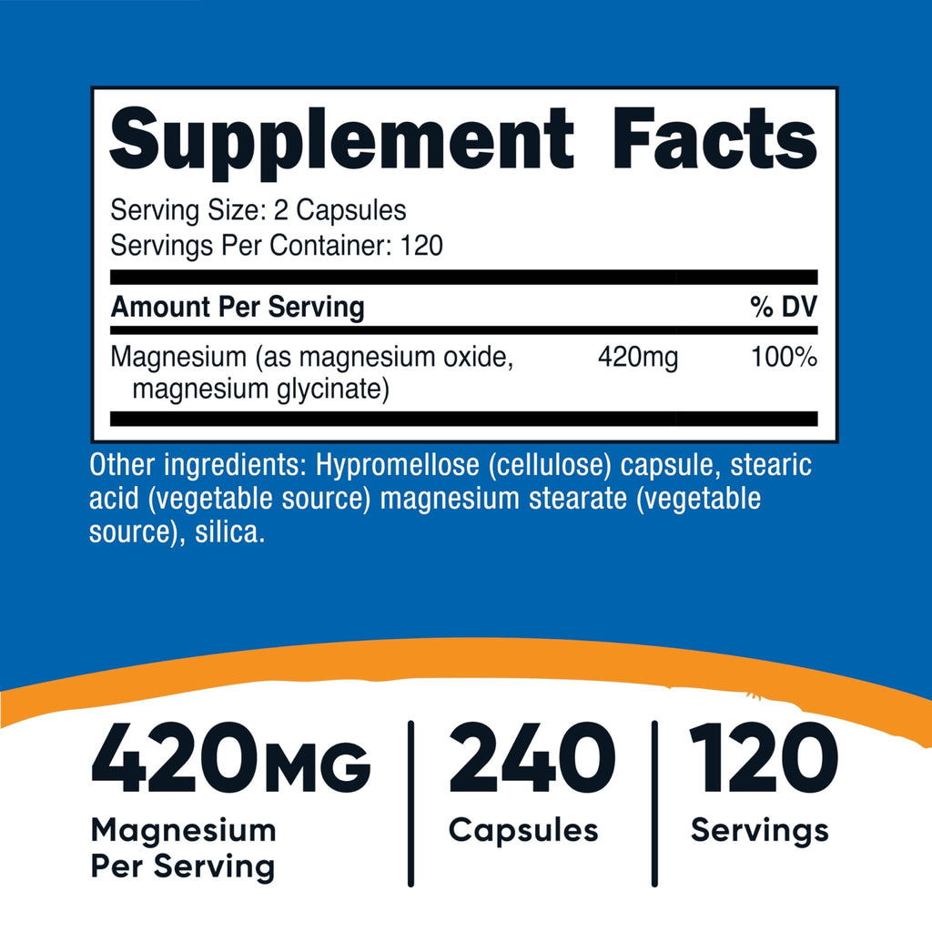 Nutricost Magnesium+ Extra Strength 420mg, 240 Capsules - 120 Servings. Magnesium Oxide and Glycinate - Non-GMO, Gluten Free, Vegan Friendly - TrustMedUSA
