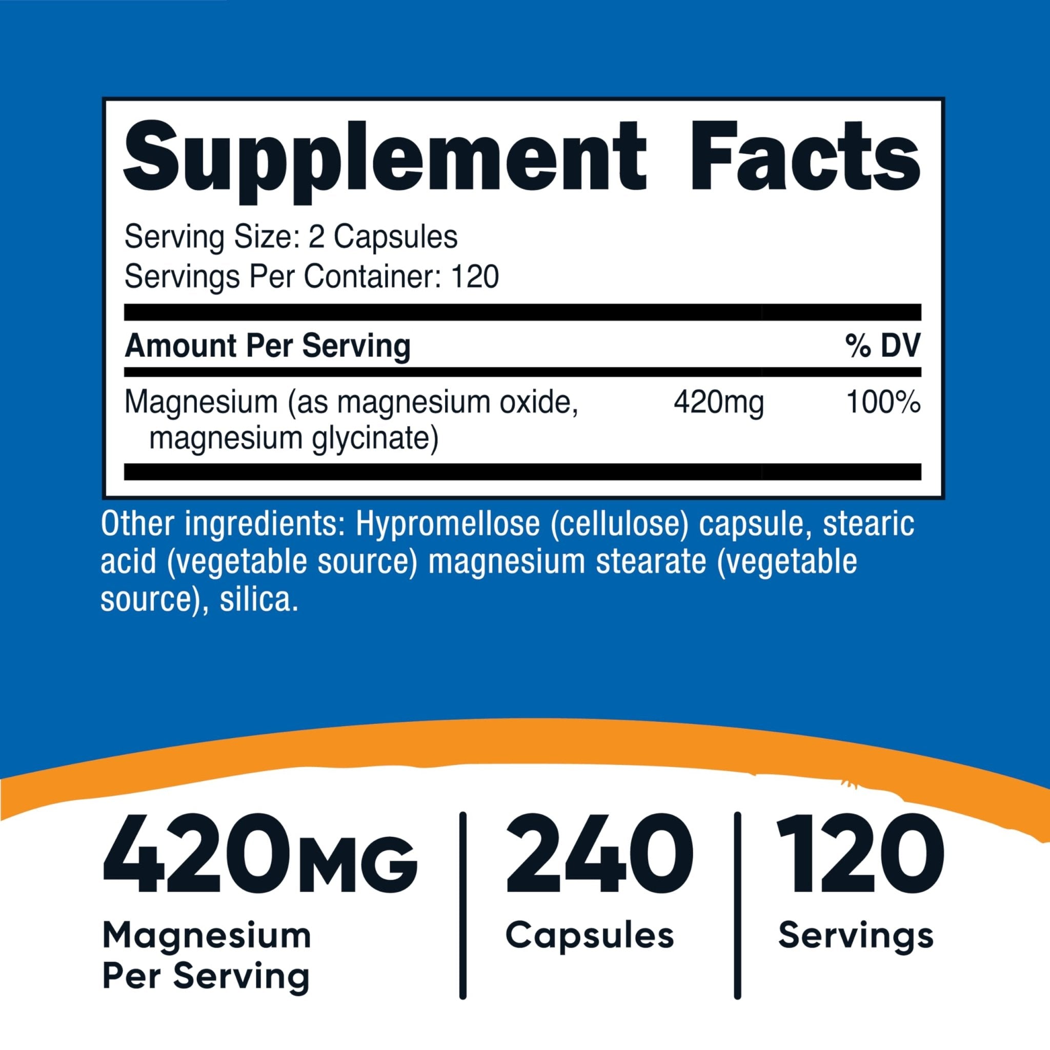 Nutricost Magnesium+ Extra Strength 420mg, 240 Capsules - 120 Servings. Magnesium Oxide and Glycinate - Non-GMO, Gluten Free, Vegan Friendly - TrustMedUSA
