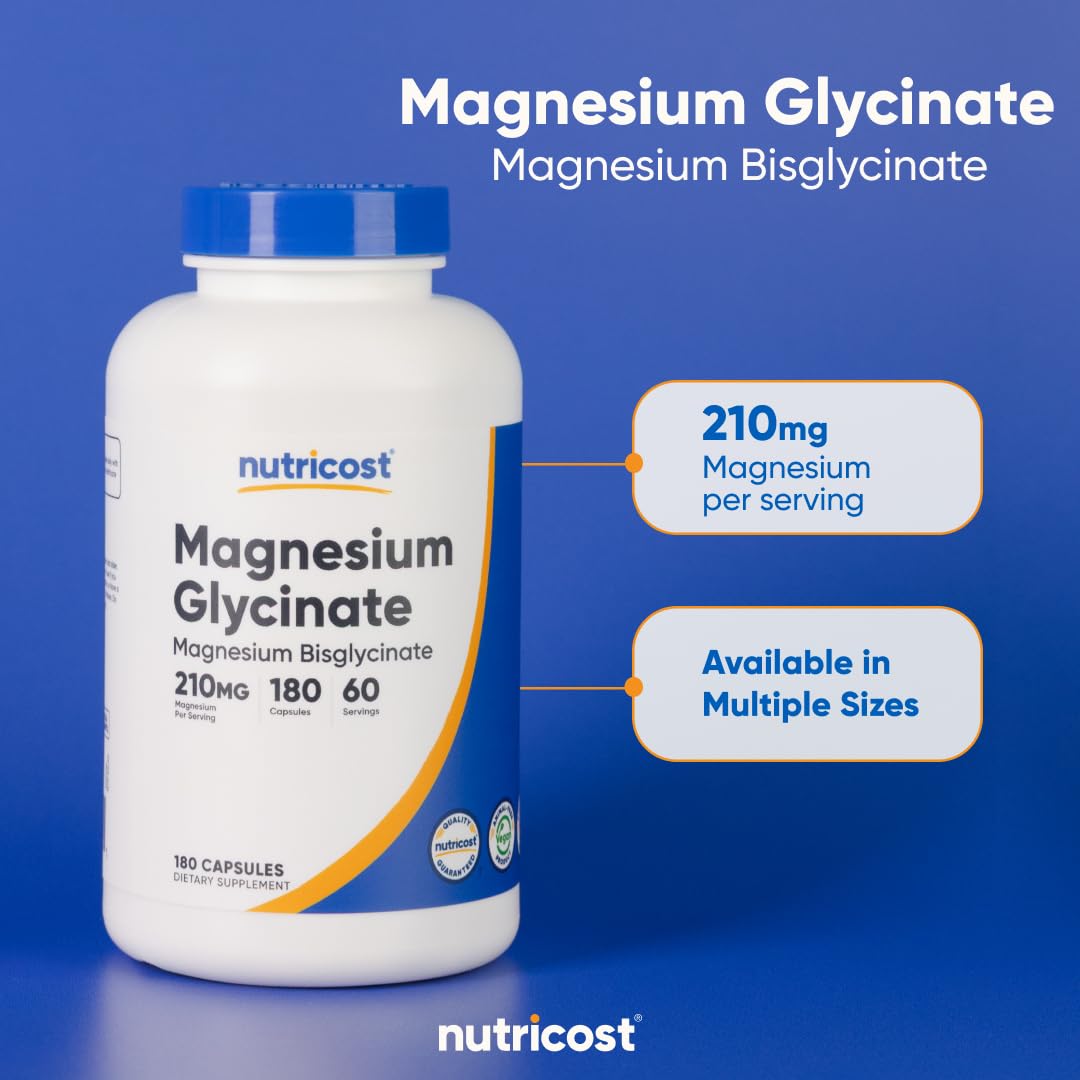 Nutricost Magnesium Glycinate Capsules (180 Capsules, 210 mg Per Serving) - Magnesium Glycinate Supplement for Gentle Absorption - TrustMedUSA