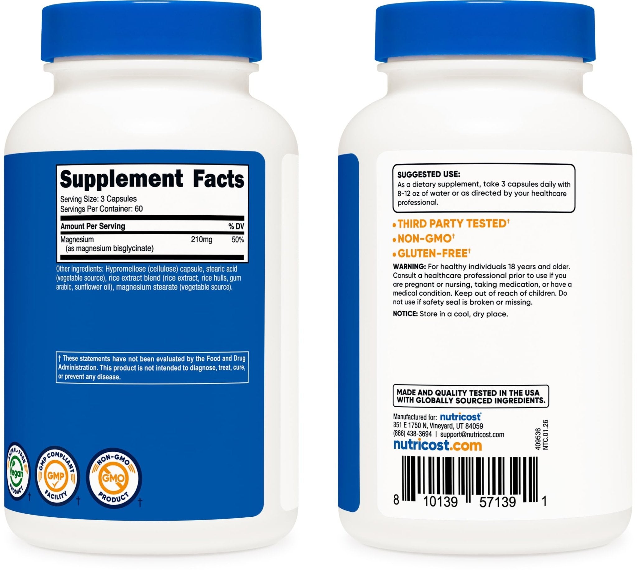 Nutricost Magnesium Glycinate Capsules (180 Capsules, 210 mg Per Serving) - Magnesium Glycinate Supplement for Gentle Absorption - TrustMedUSA