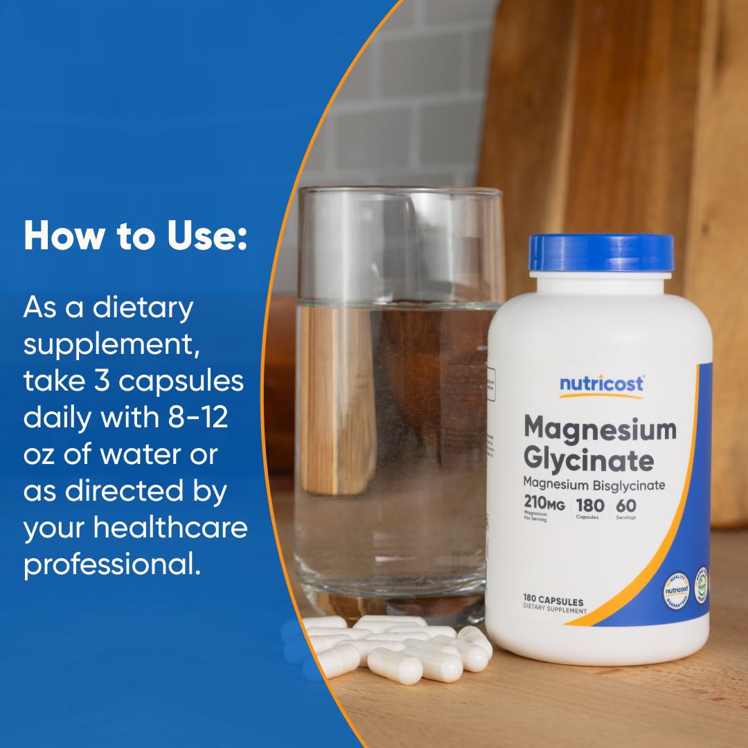 Nutricost Magnesium Glycinate Capsules (180 Capsules, 210 mg Per Serving) - Magnesium Glycinate Supplement for Gentle Absorption - TrustMedUSA