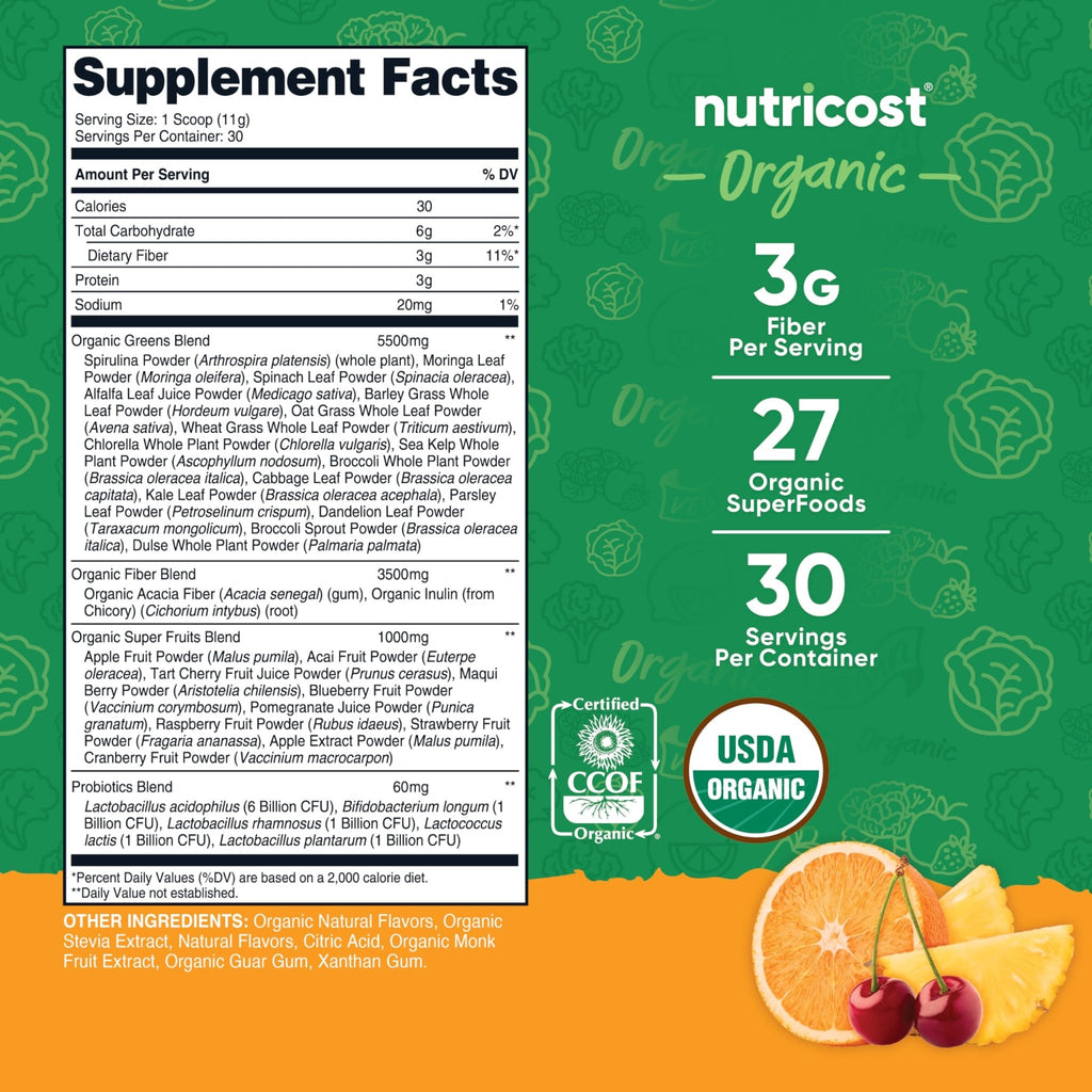 Nutricost Organic Super Greens Powder (30 Servings) Orange Sunrise Flavor - Superfood Supplement Drink Mix - TrustMedUSA