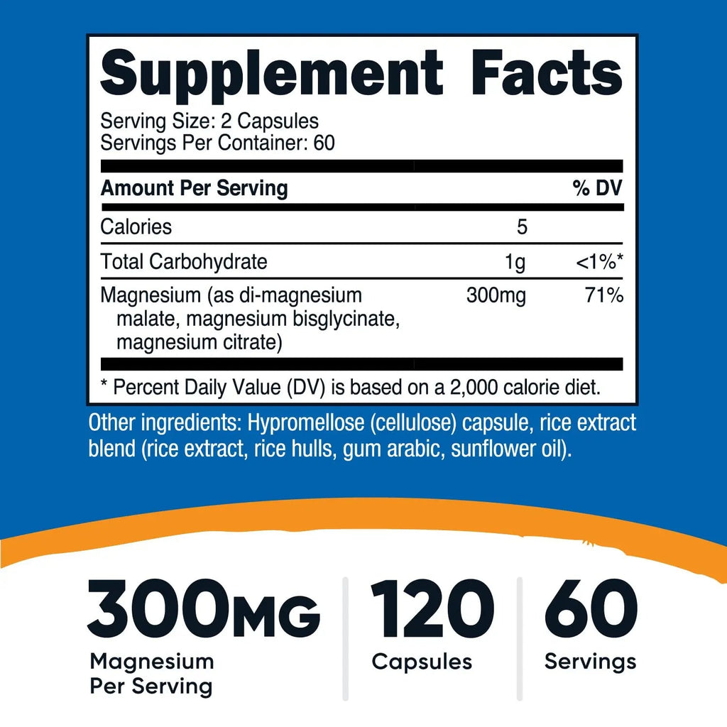 Nutricost Triple Magnesium Complex (300mg, 120 Capsules) - from Di-Magnesium Malate, Bisglycinate and Citrate, 60 Servings - TrustMedUSA