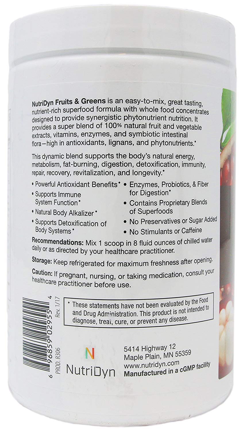 NutriDyn Fruits & Greens Strawberry/Kiwi Flavor *Certified Organic* w/ Acai, Gogi, Mangosteen, Noni & Pomegranate Super Fruits 300 Grams (Strawberry Kiki) - TrustMedUSA