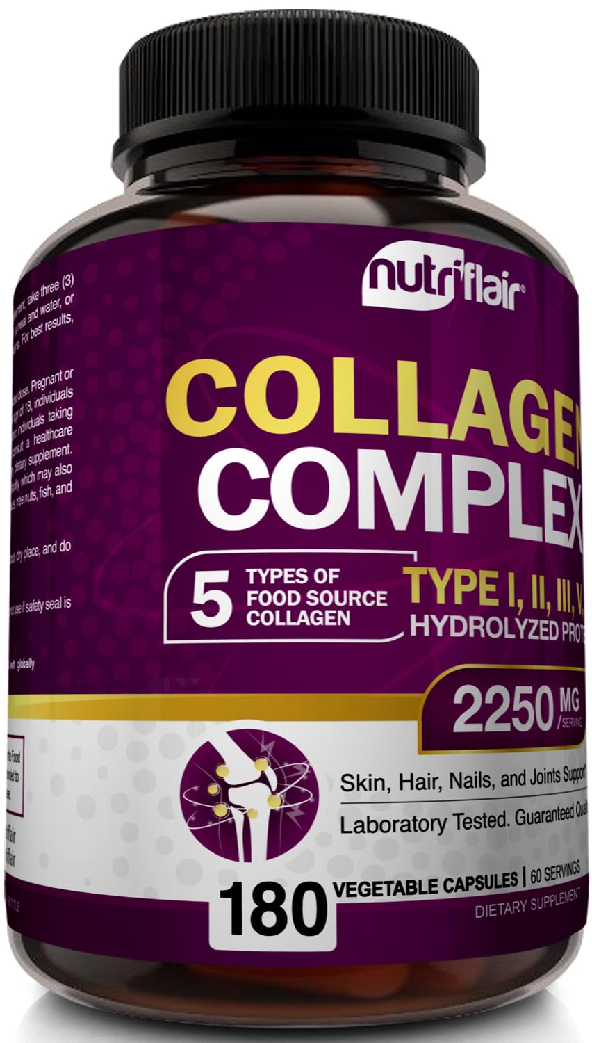 NutriFlair Multi Collagen Peptides 2250mg - Type I, II, III, V, X - Collagen Supplements Complex Powder Pills for Women and Men - Hydrolyzed Protein, Healthy Hair, Skin, Nails - Non-GMO (180 Capsules) - Maple Wellness Supplements