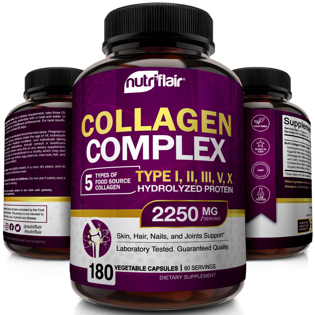 NutriFlair Multi Collagen Peptides 2250mg - Type I, II, III, V, X - Collagen Supplements Complex Powder Pills for Women and Men - Hydrolyzed Protein, Healthy Hair, Skin, Nails - Non-GMO (180 Capsules) - Maple Wellness Supplements