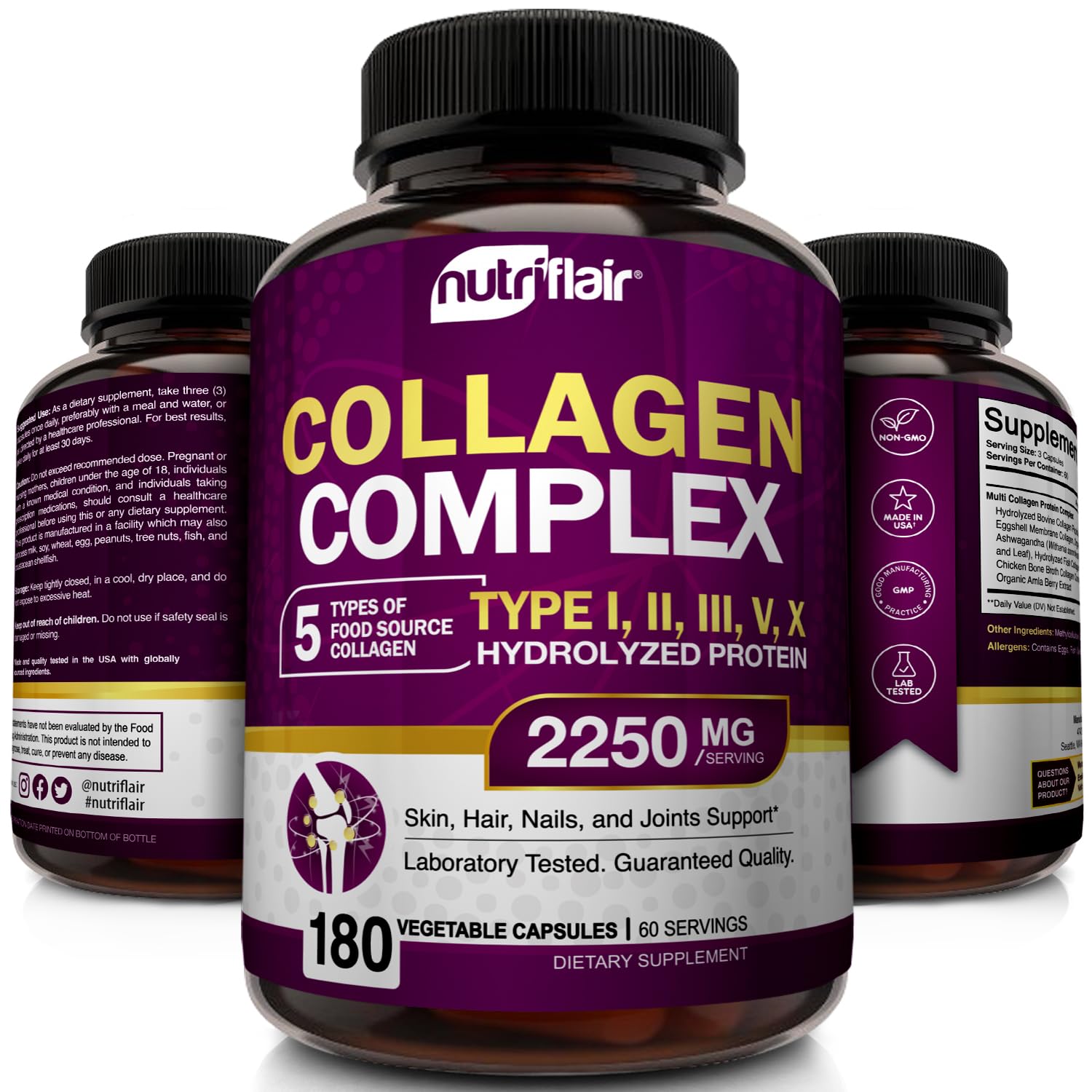 NutriFlair Multi Collagen Peptides 2250mg - Type I, II, III, V, X - Collagen Supplements Complex Powder Pills for Women and Men - Hydrolyzed Protein, Healthy Hair, Skin, Nails - Non-GMO (180 Capsules) - Maple Wellness Supplements