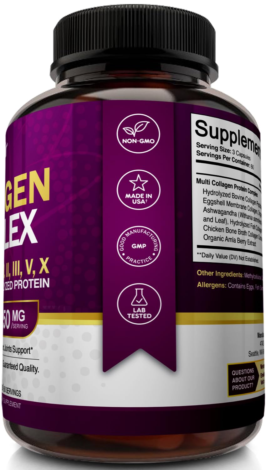 NutriFlair Multi Collagen Peptides 2250mg - Type I, II, III, V, X - Collagen Supplements Complex Powder Pills for Women and Men - Hydrolyzed Protein, Healthy Hair, Skin, Nails - Non-GMO (180 Capsules) - Maple Wellness Supplements