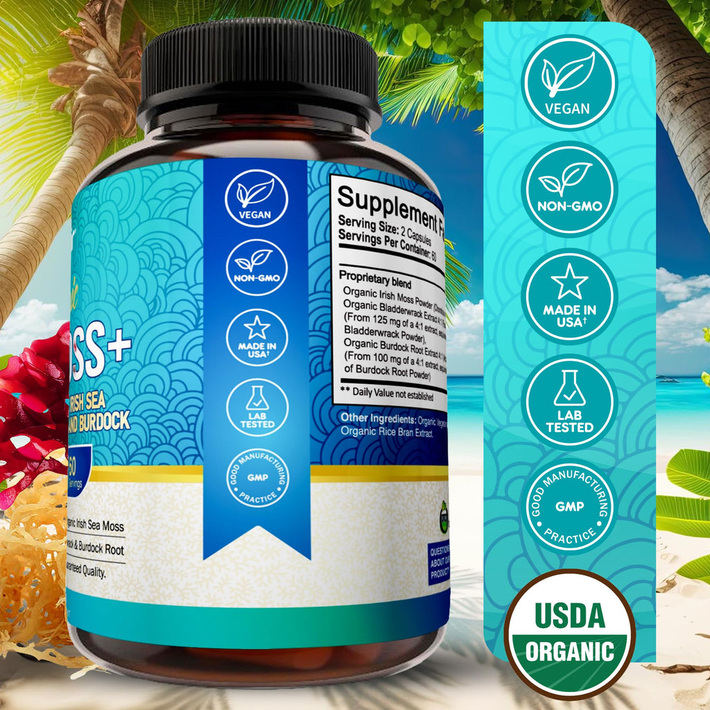 NutriFlair Organic Sea Moss 1600mg, 120 Capsules Plus Bladderwrack & Burdock - Prebiotic Super Food - Immune System & Digestive Health - Thyroid, Healthy Skin, Keto Detox, Gut - TrustMedUSA