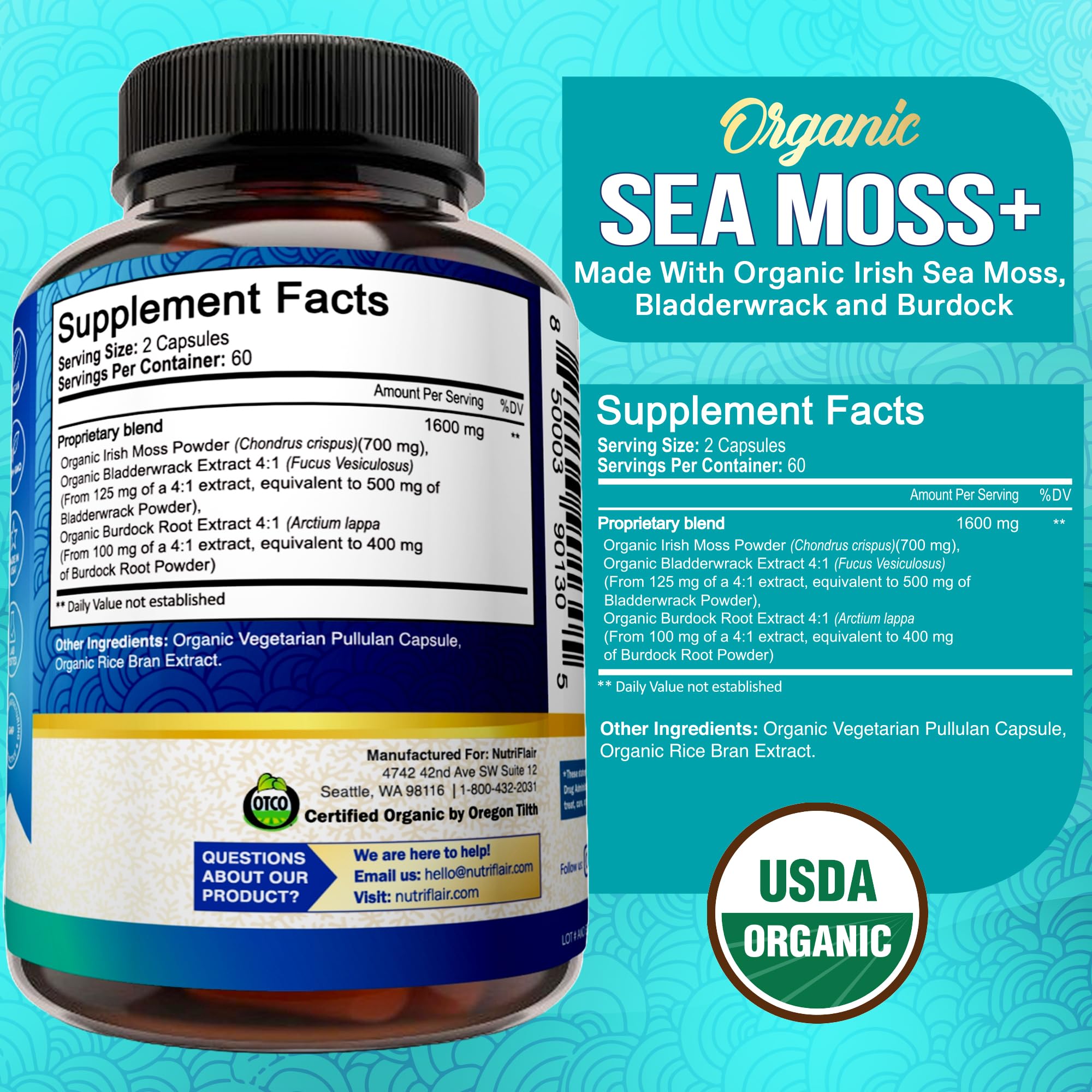 NutriFlair Organic Sea Moss 1600mg, 120 Capsules Plus Bladderwrack & Burdock - Prebiotic Super Food - Immune System & Digestive Health - Thyroid, Healthy Skin, Keto Detox, Gut - TrustMedUSA
