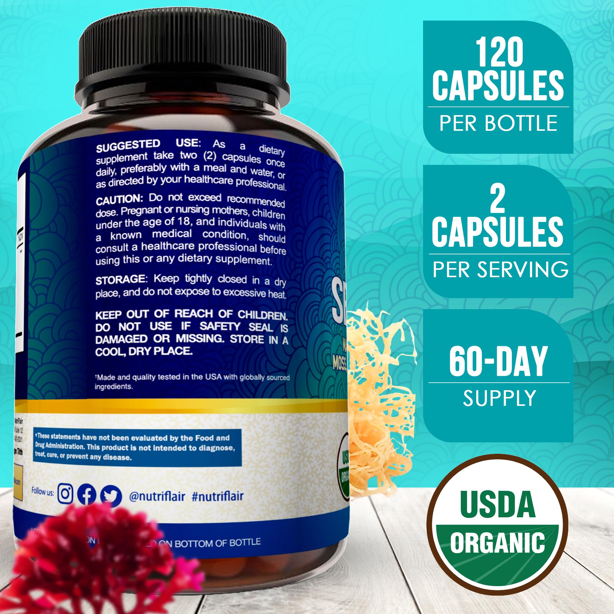 NutriFlair Organic Sea Moss 1600mg, 120 Capsules Plus Bladderwrack & Burdock - Prebiotic Super Food - Immune System & Digestive Health - Thyroid, Healthy Skin, Keto Detox, Gut - TrustMedUSA